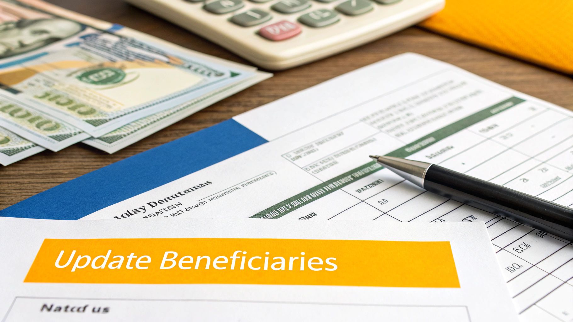 A hand holding a pen reviewing a document titled "Beneficiary Designation Form", with other financial papers in the background.