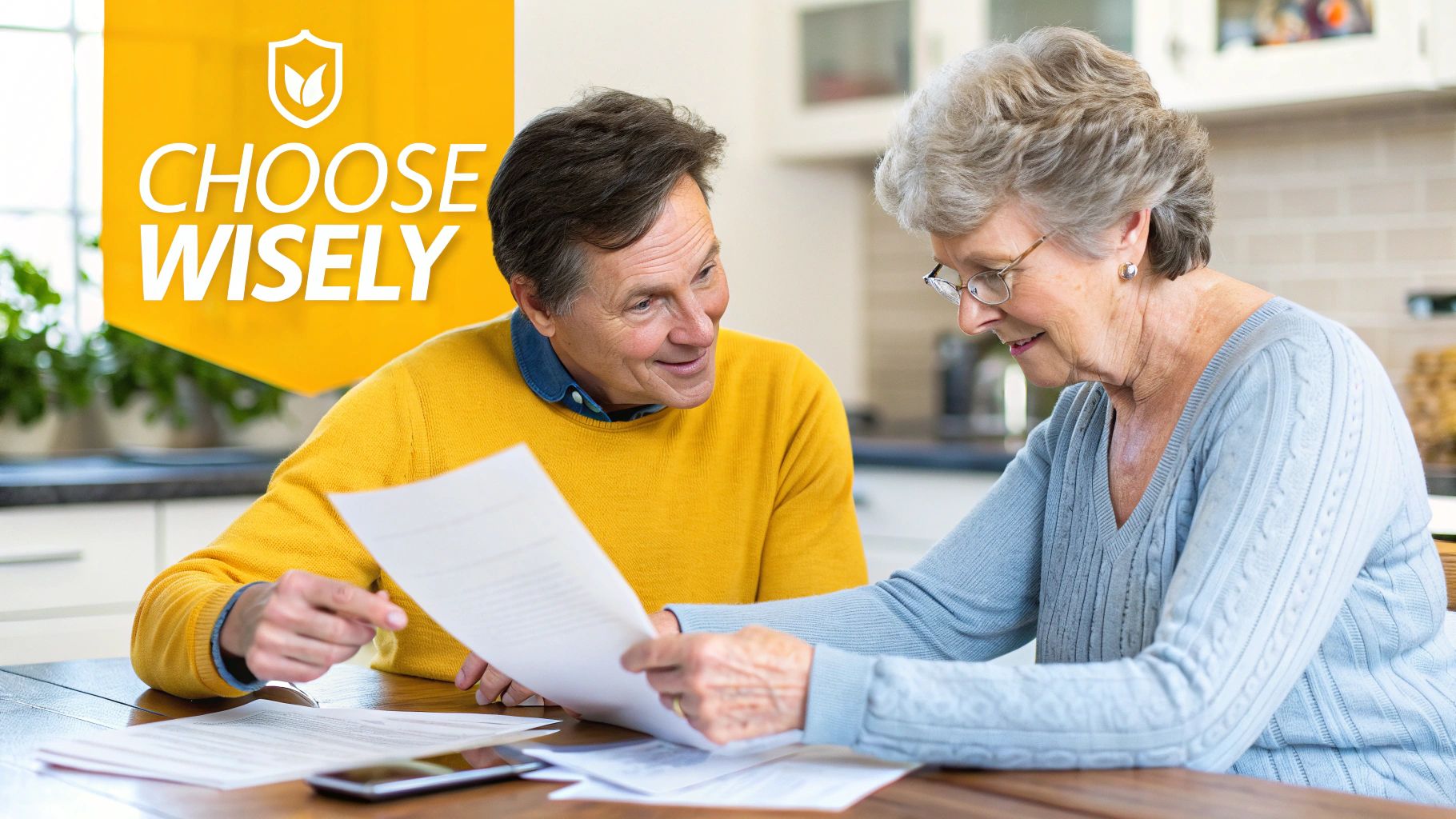 Two smiling older adults review important documents at a table, discussing choices.