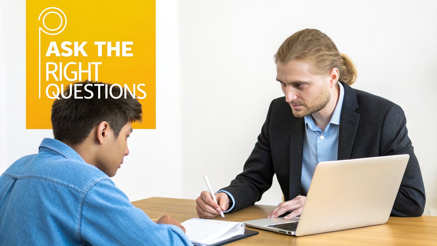 A person in a consultation meeting, asking questions to a lawyer across the desk.