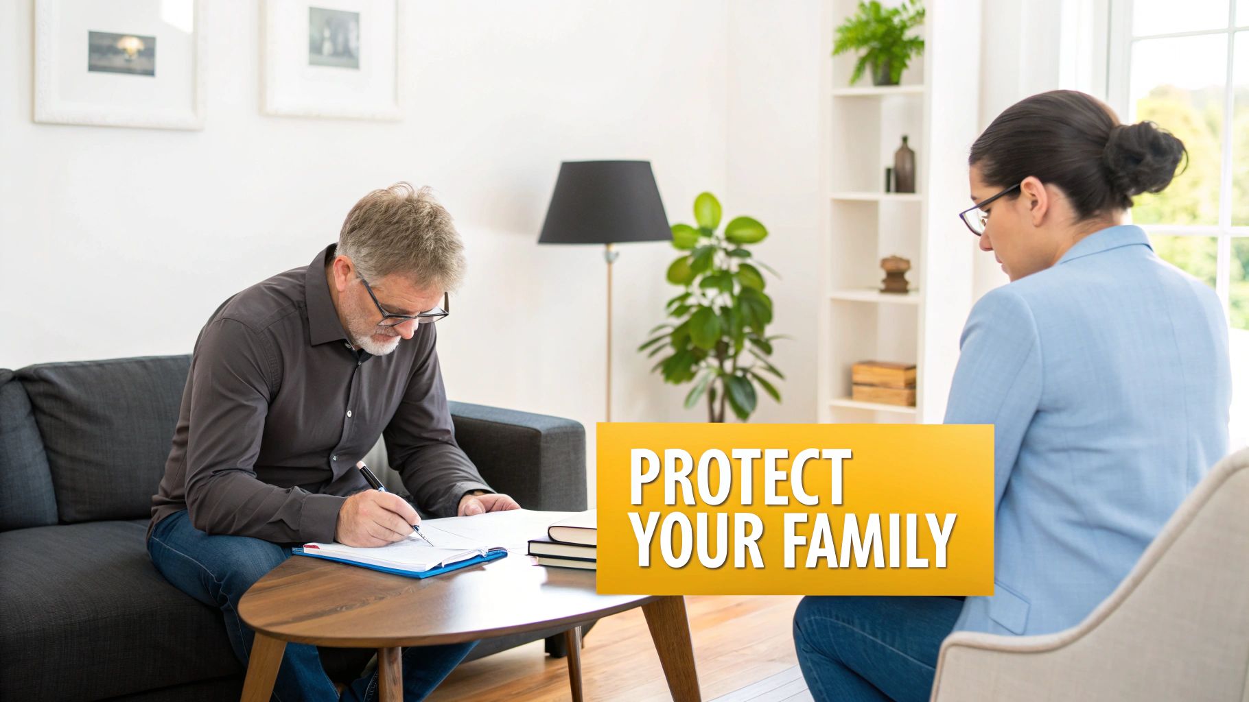 A lawyer reviewing a will document with a client in a modern Brampton office.