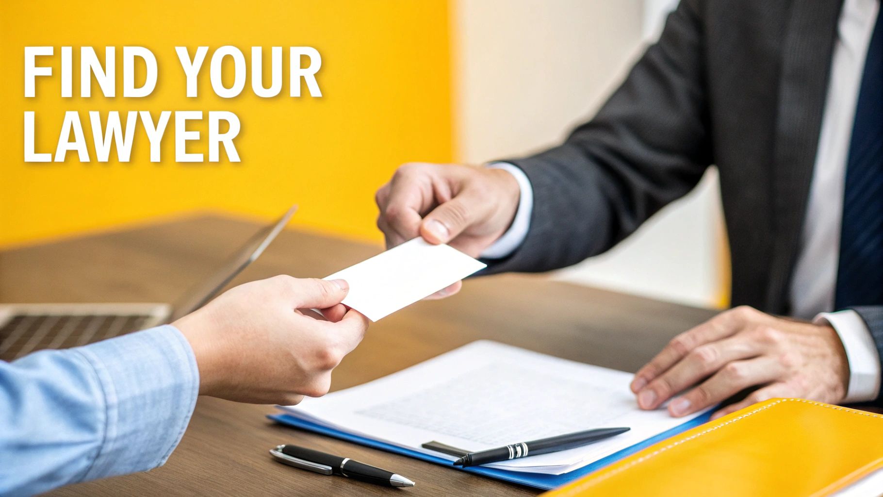 Two individuals exchanging a business card across a desk with documents, highlighting legal services.