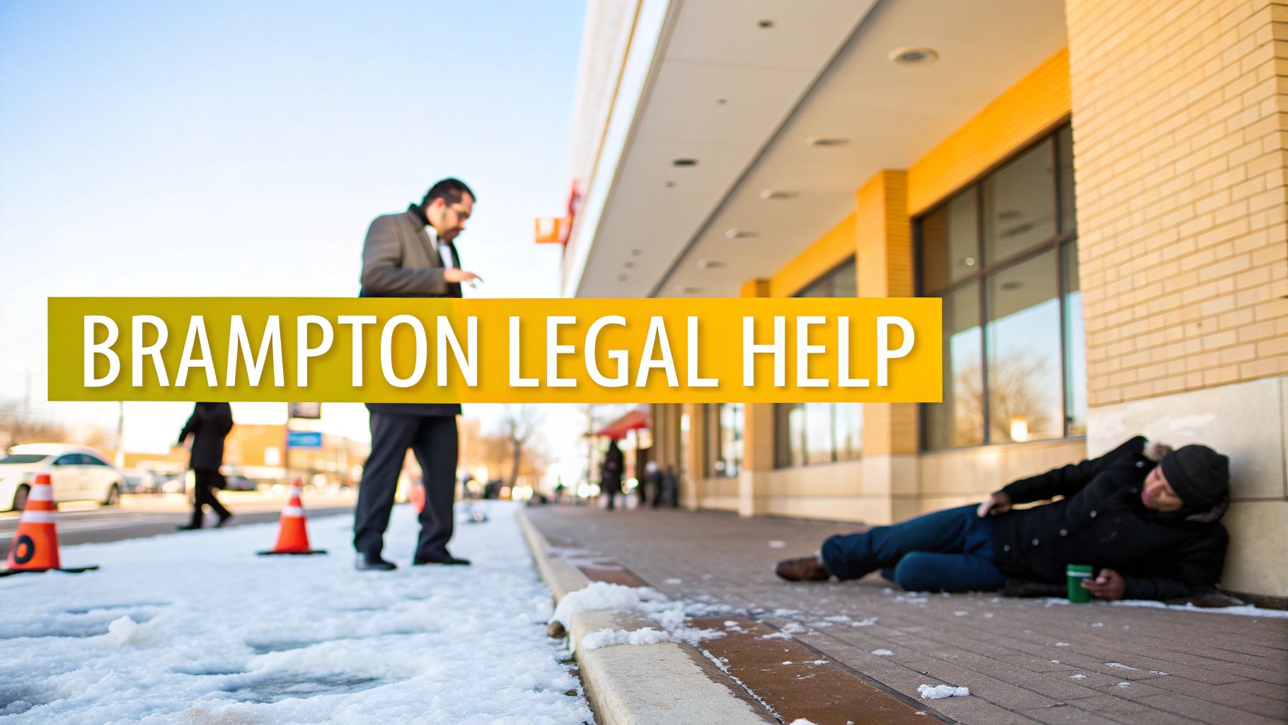 Person lying injured on icy sidewalk outside Brampton storefront with legal help text overlay