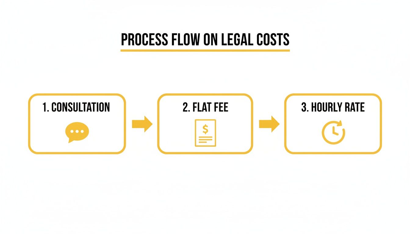 Process flow on legal costs showing three steps: 1. Consultation, 2. Flat Fee, 3. Hourly Rate.