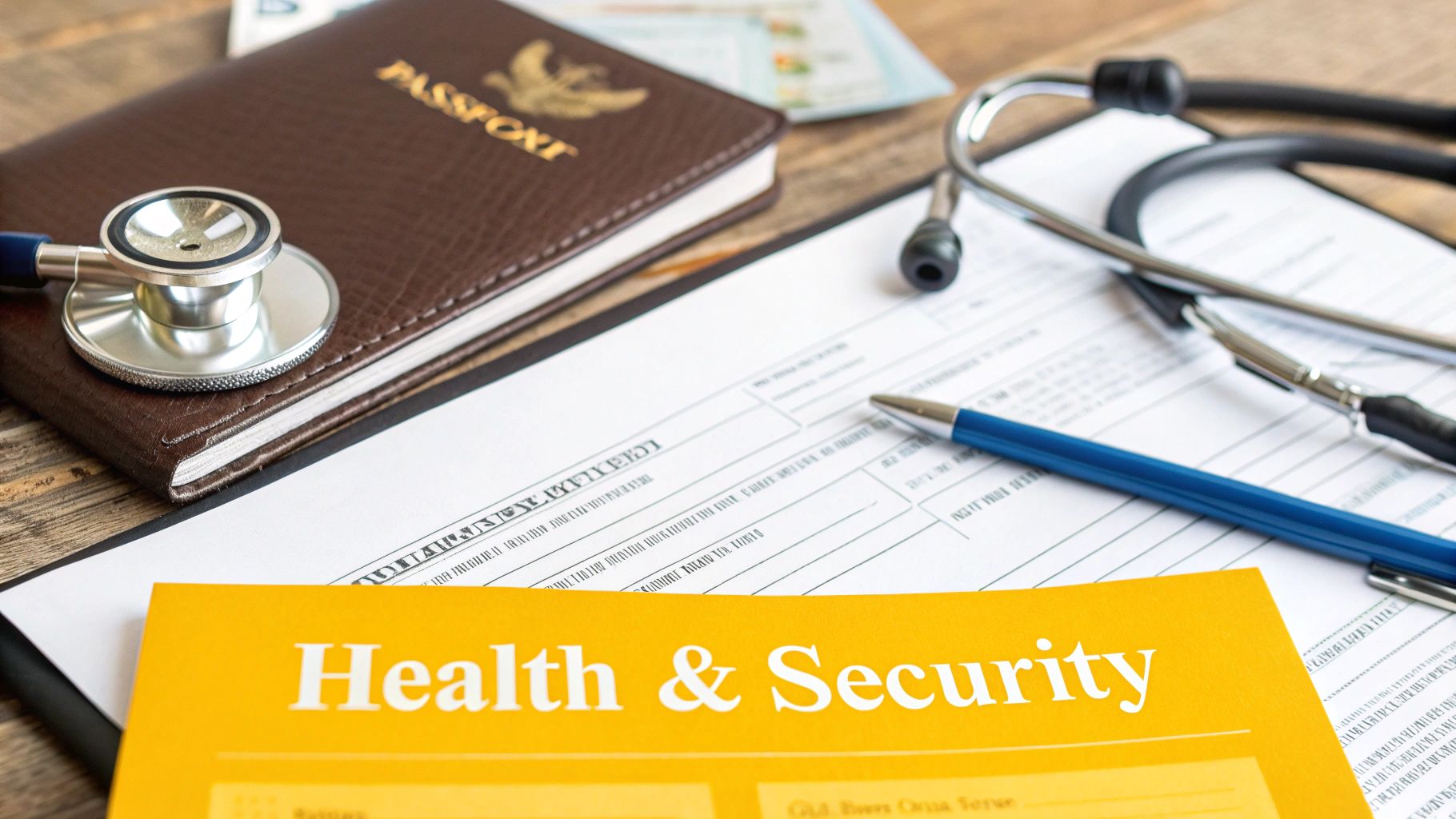 A close-up of a brown passport, stethoscope, medical forms, and a 'Health & Security' document.