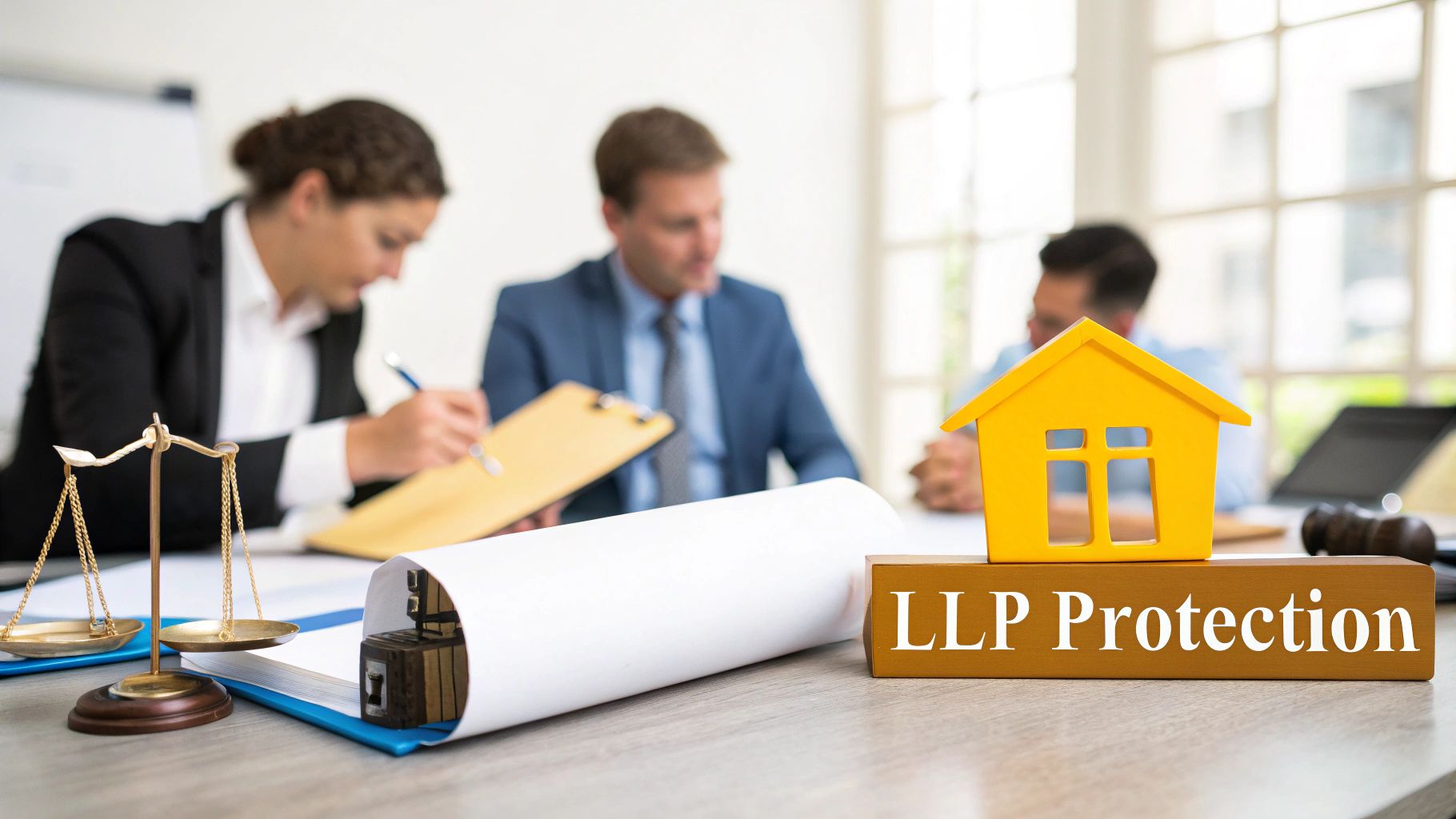 Legal professionals discussing LLP protection for real estate, with a house model and scales of justice.