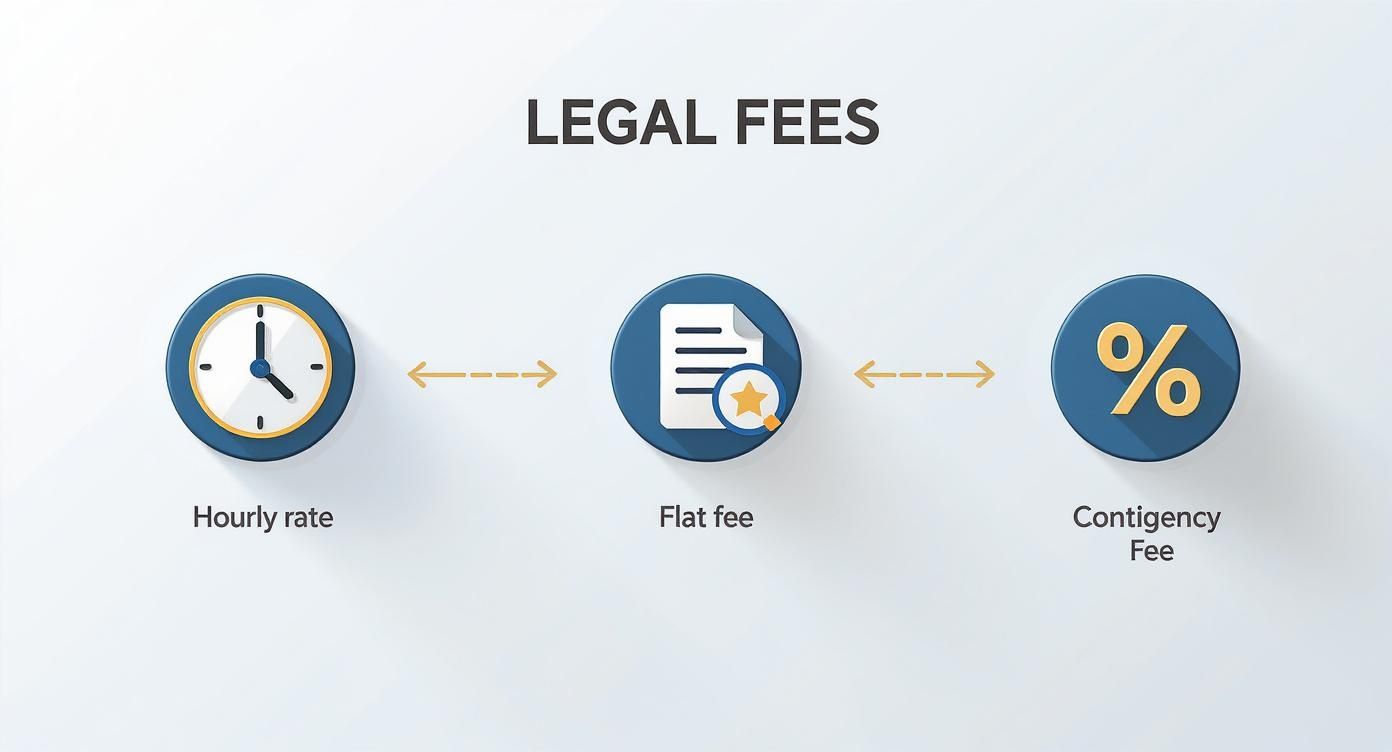 Infographic showing the process flow for legal fees, including hourly, flat fee, and contingency options.