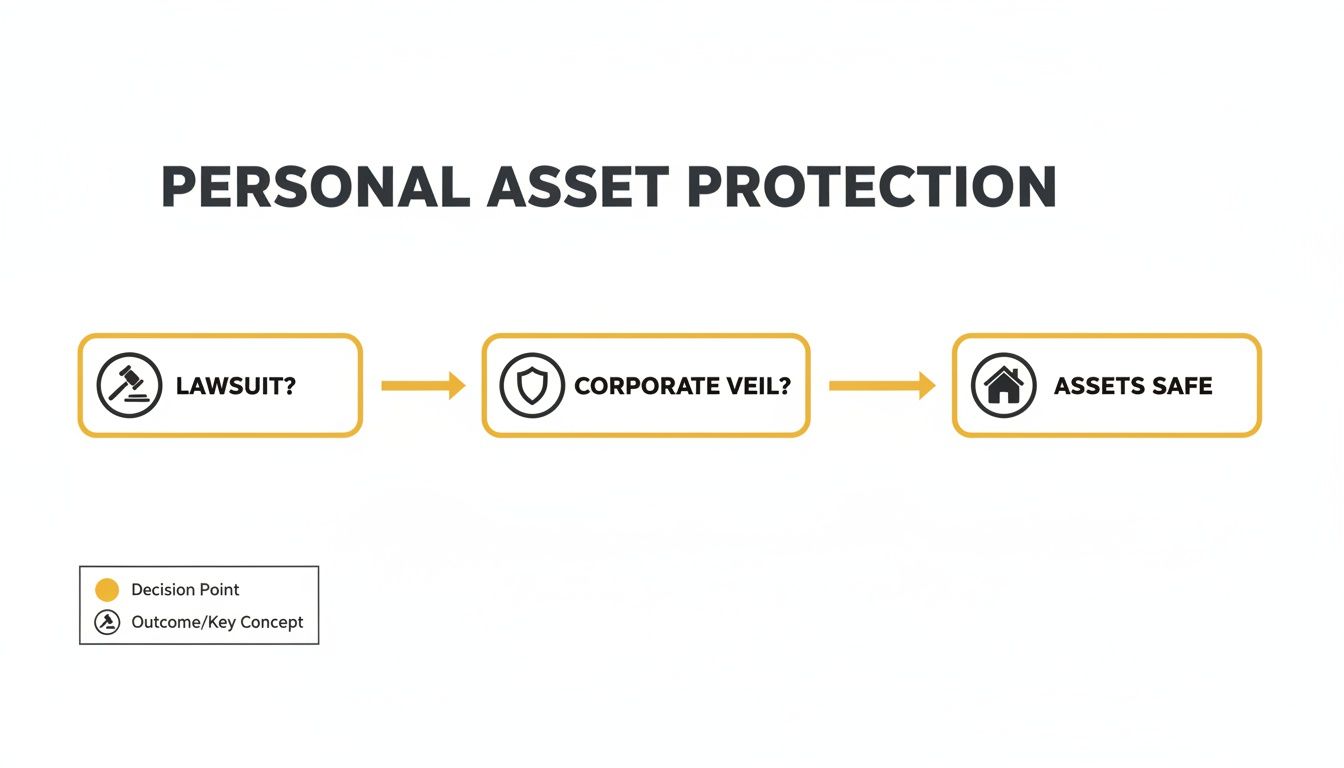 Flowchart illustrating personal asset protection steps, from lawsuit risk to asset safety.