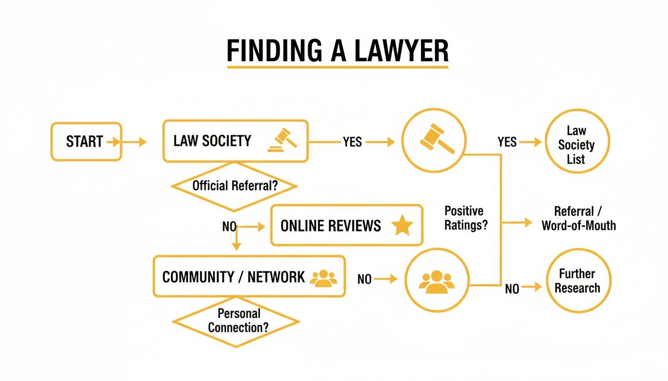 Flowchart illustrating steps to find a lawyer, covering law societies, online reviews, and community networks.