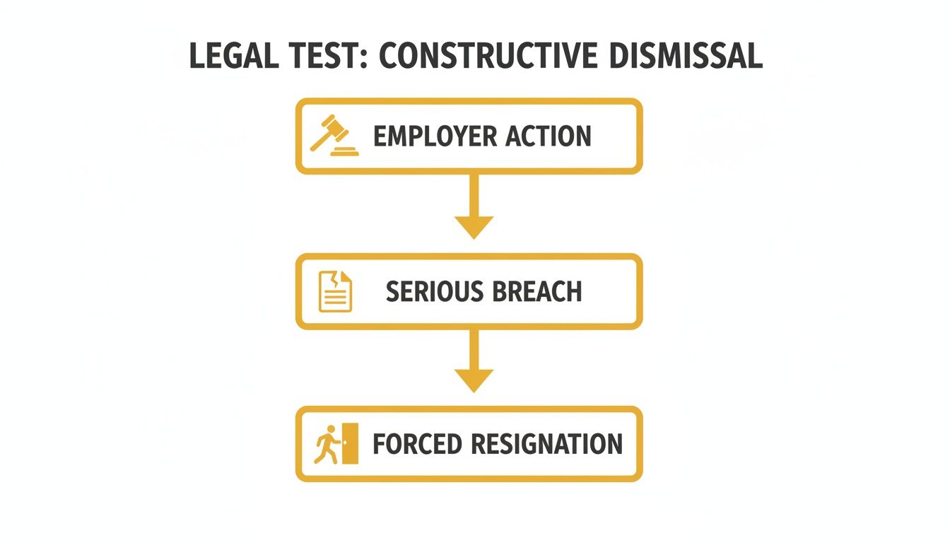 Flowchart illustrating the legal test for constructive dismissal, showing Employer Action, Serious Breach, and Forced Resignation.