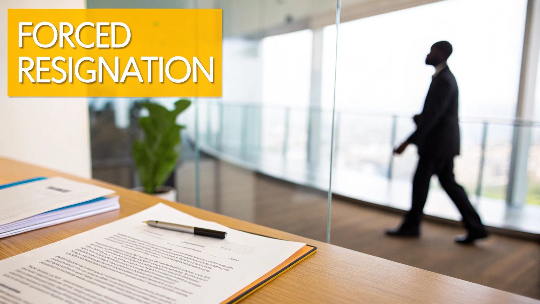 Desk with resignation papers and a blurred figure walking away in an office, symbolizing constructive dismissal.