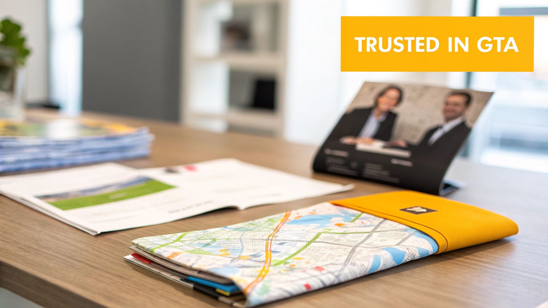 A well-organized office desk displaying business documents, brochures, a map, and a 'Trusted in GTA' banner.