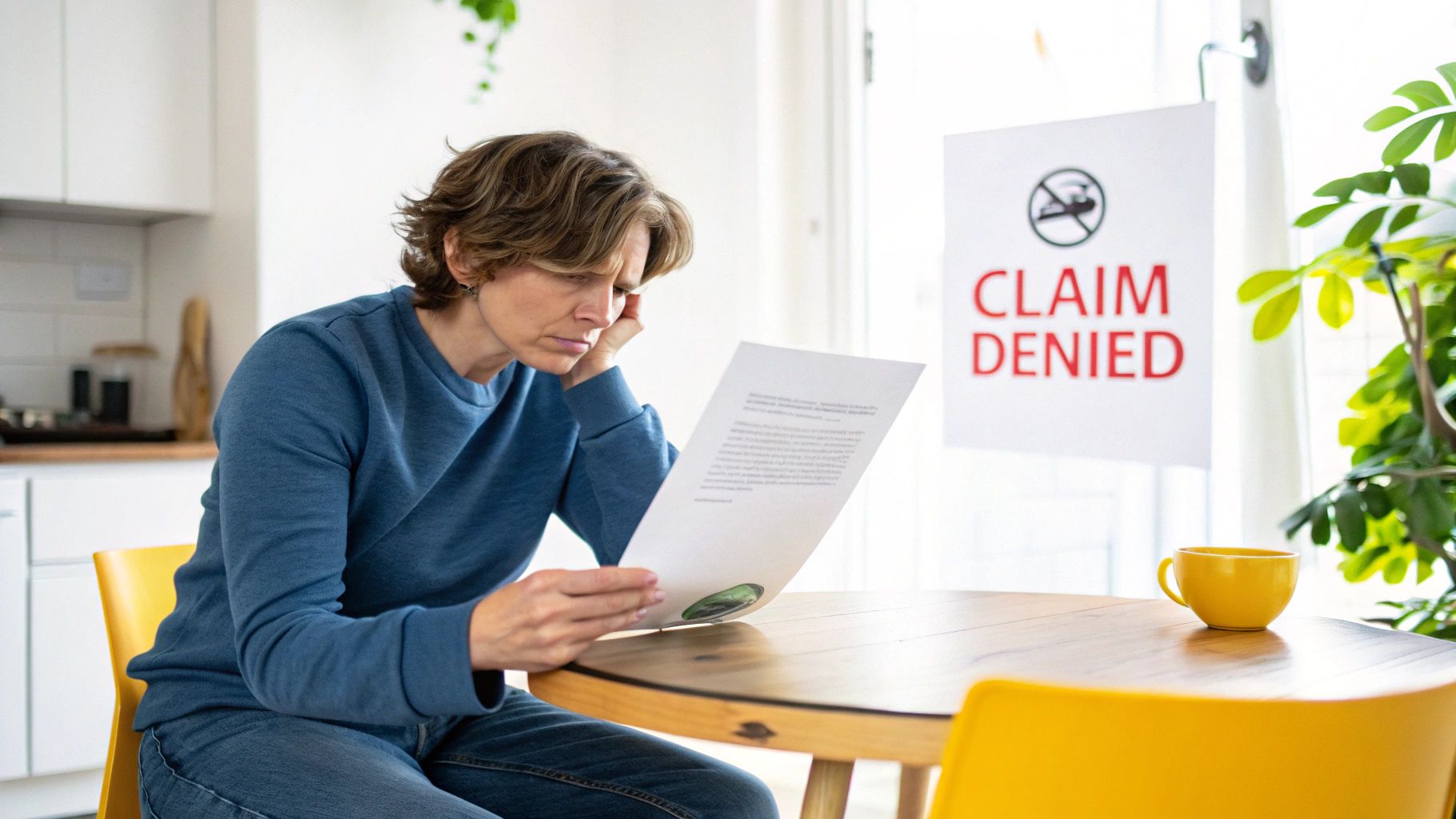 A concerned woman reads a document at a table, with a 'CLAIM DENIED' sign in the background.