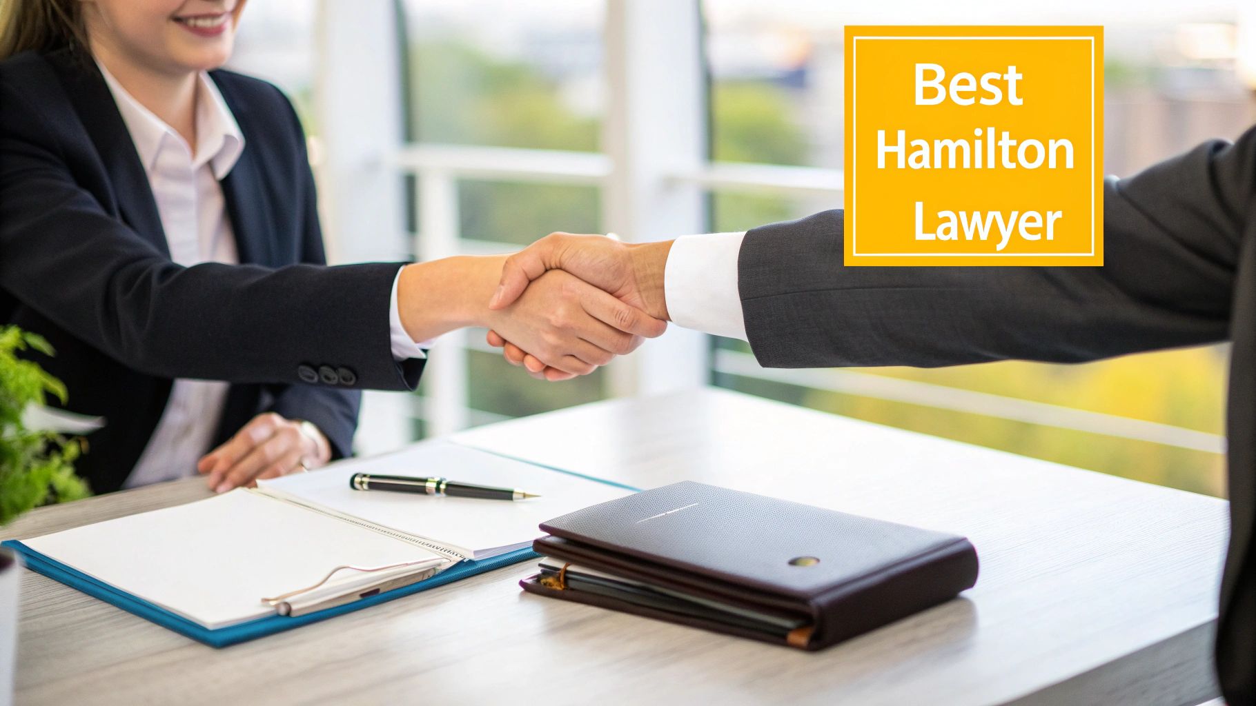 Two business professionals, likely lawyers, shaking hands across a table with legal documents.