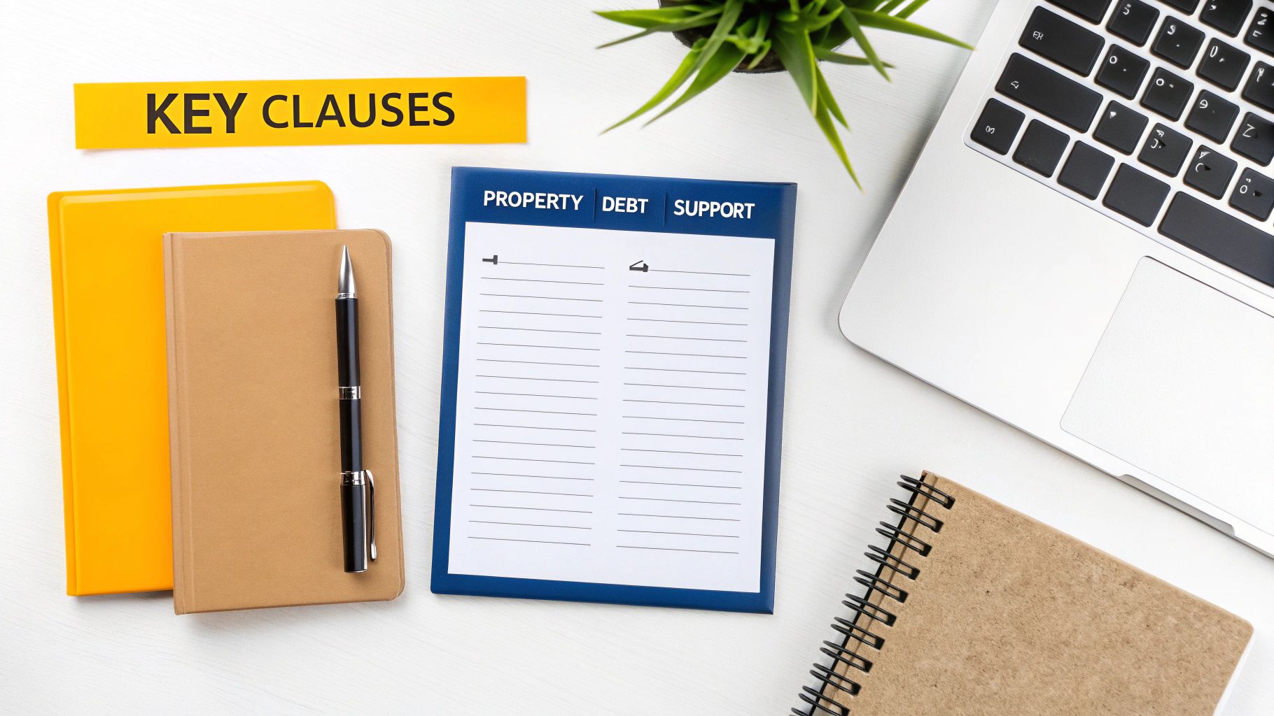 Flat lay of desk with 'KEY CLAUSES' sign, notebooks, pen, and legal pad for property, debt, support.