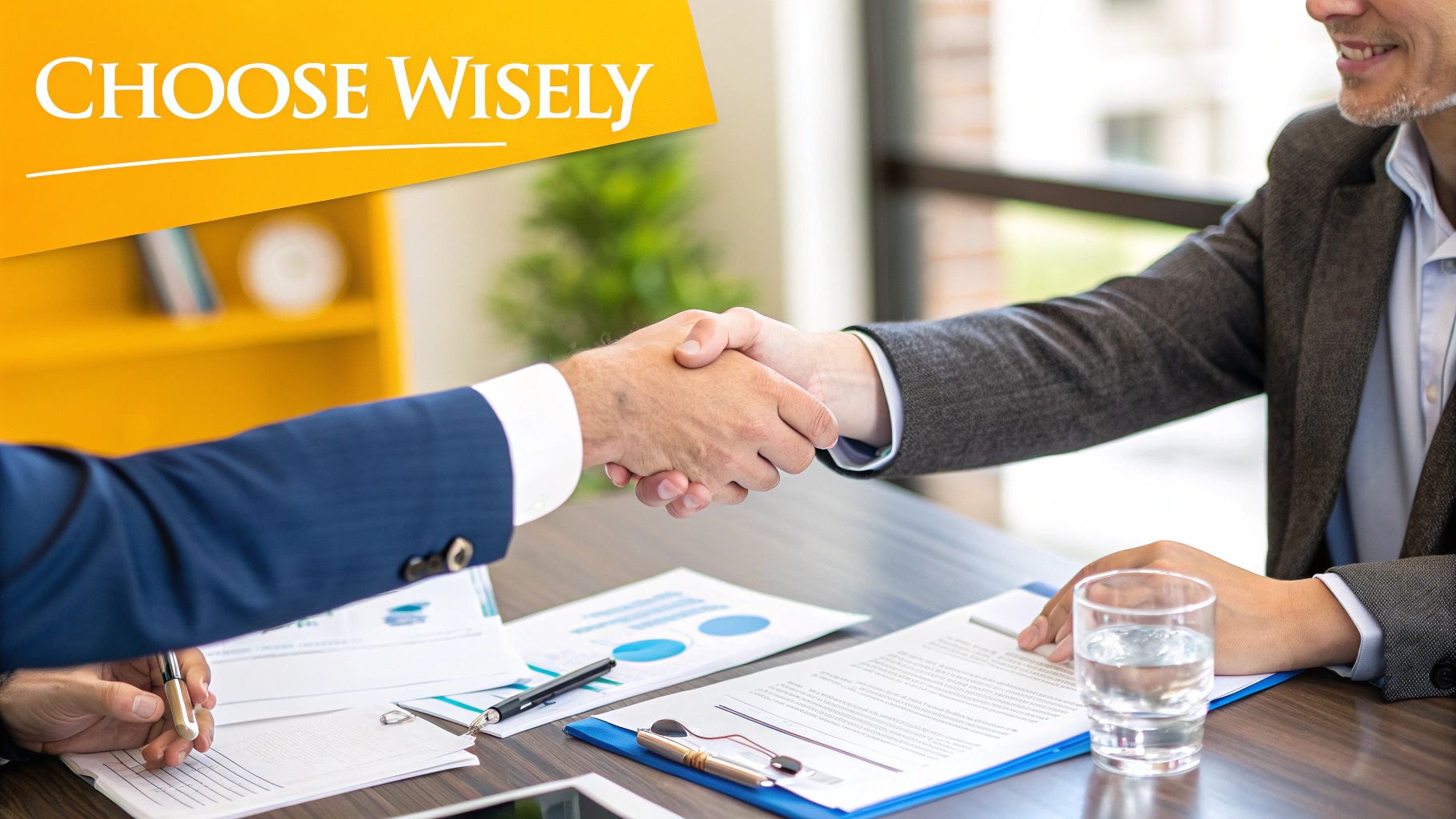 A professional lawyer in a suit sits at a desk, looking approachable and ready to consult with a client.