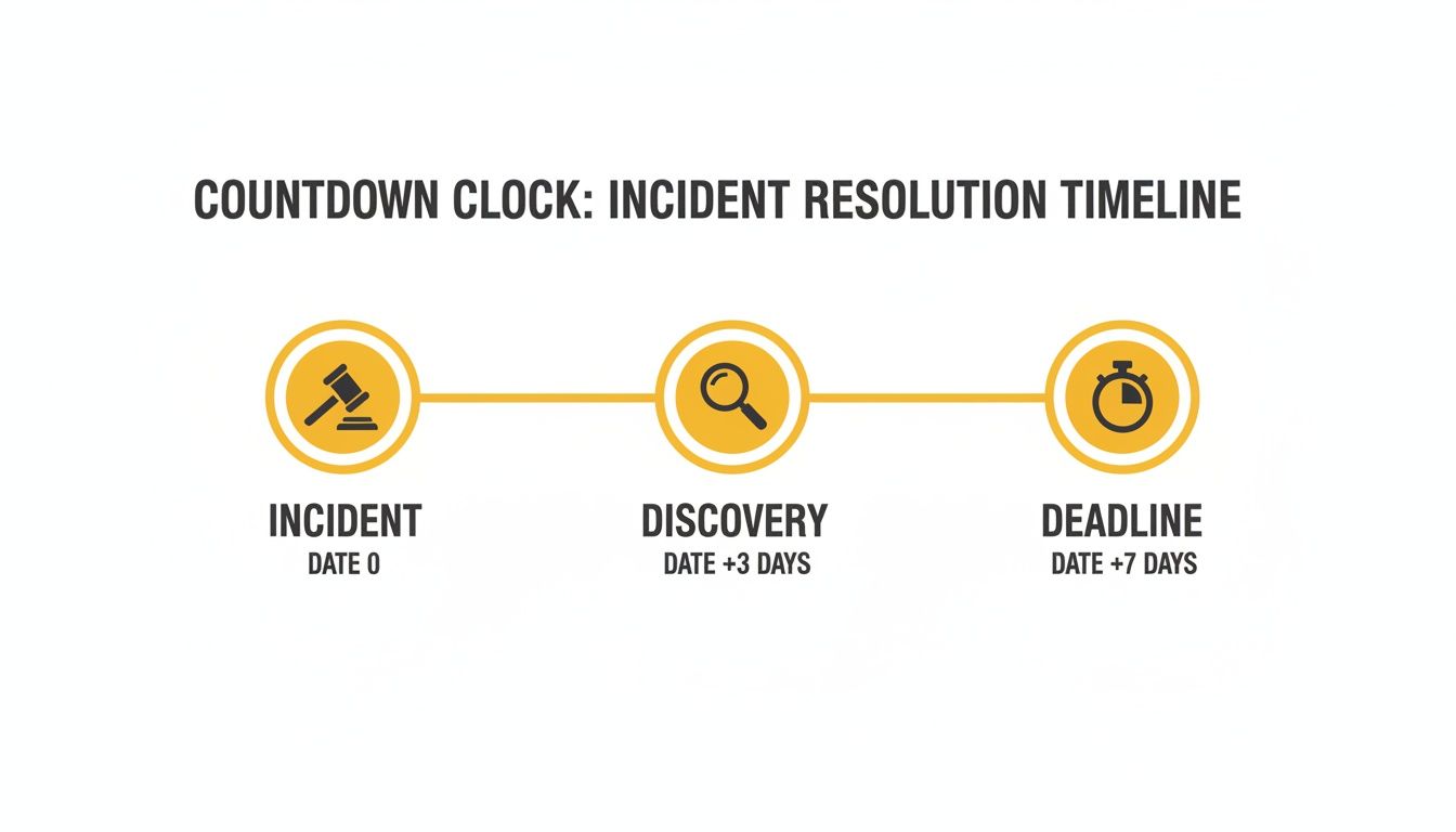 A countdown clock timeline showing incident resolution stages: Incident (Date 0), Discovery (+3 days), and Deadline (+7 days).