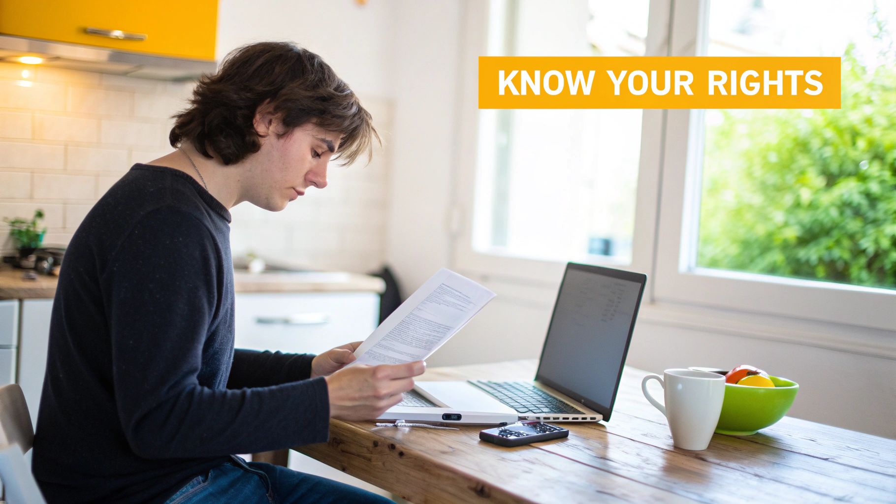 Young man reading a document at a table with a laptop and phone, text 'KNOW YOUR RIGHTS'.