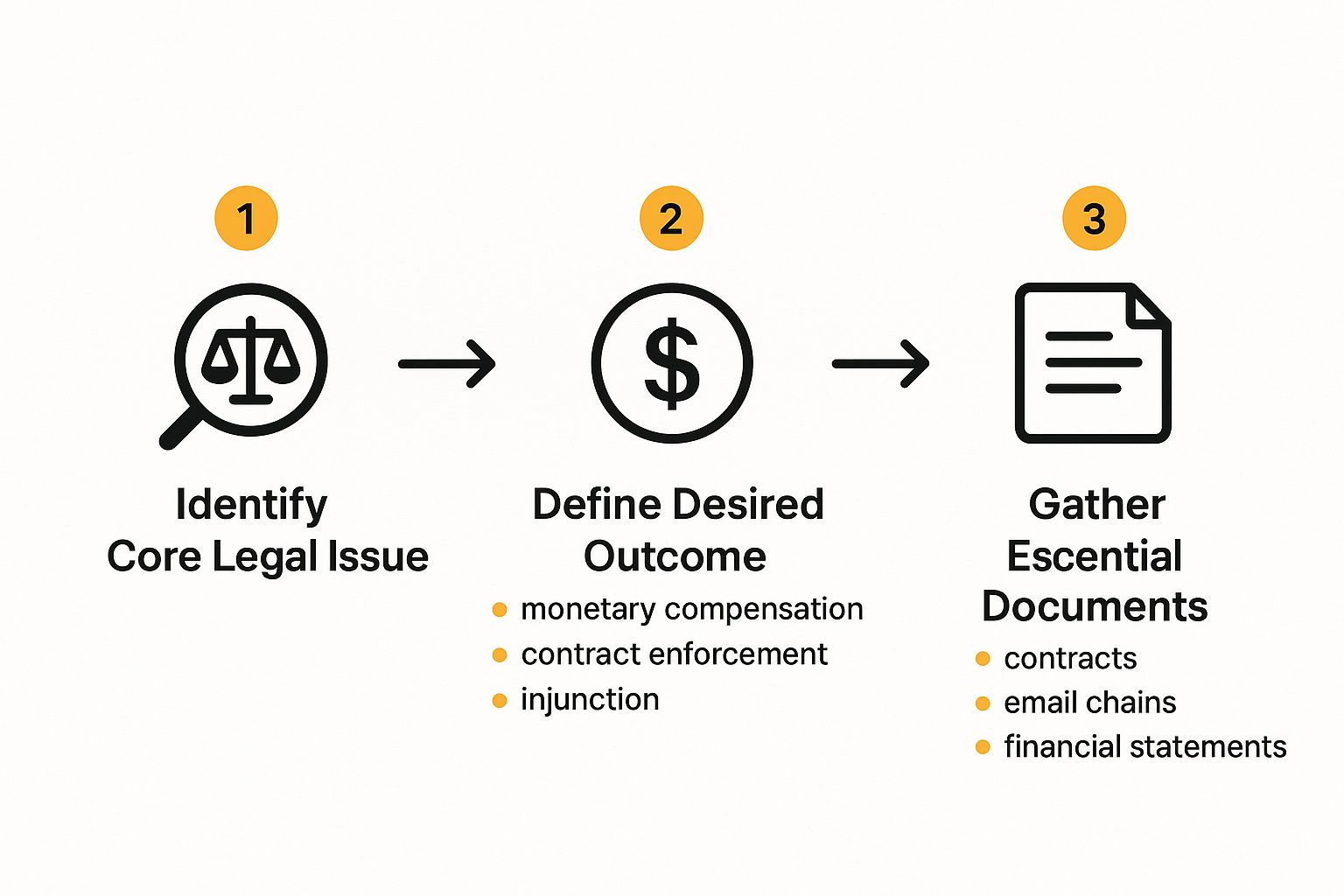 Infographic showing the three-step process of identifying the legal issue, defining the desired outcome, and gathering essential documents before hiring a civil litigation lawyer.