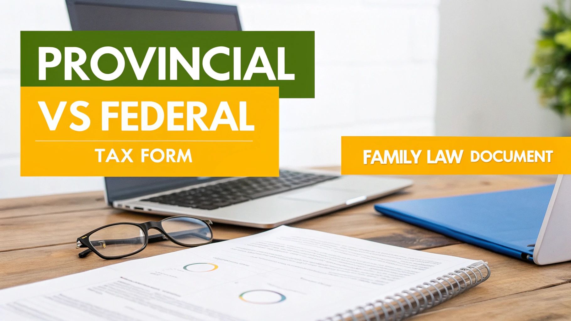 A desk with a laptop, eyeglasses, and financial documents, featuring text about Provincial vs Federal Tax Forms and Family Law.