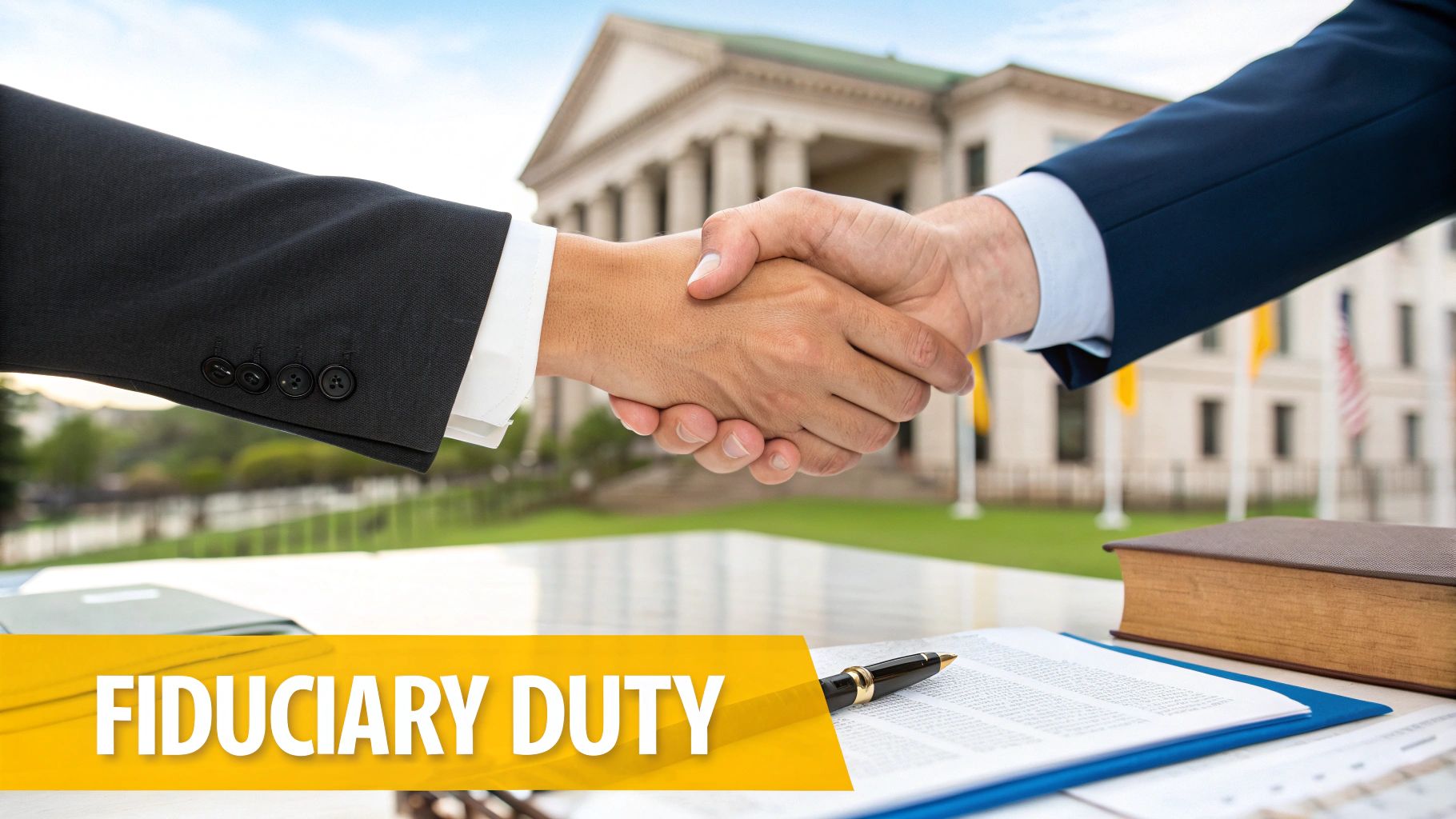 Two businessmen shaking hands in front of a courthouse, symbolizing fiduciary duty and legal agreements.