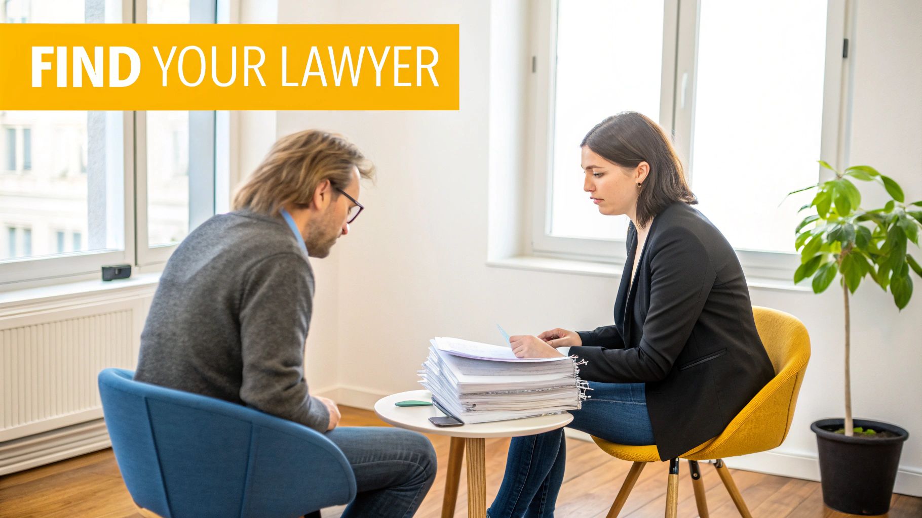 A female lawyer consults with a male client, reviewing a stack of legal documents in an office.