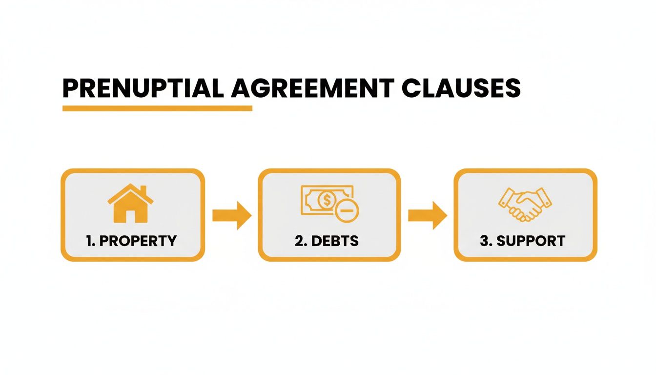 Infographic illustrating three key prenuptial agreement clauses: property, debts, and support with icons.