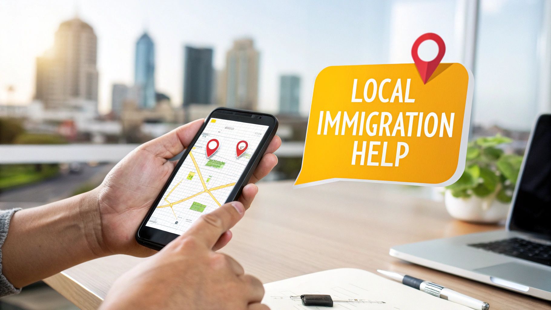 Hands holding a smartphone displaying a map with location pins and 'LOCAL IMMIGRATION HELP' text.