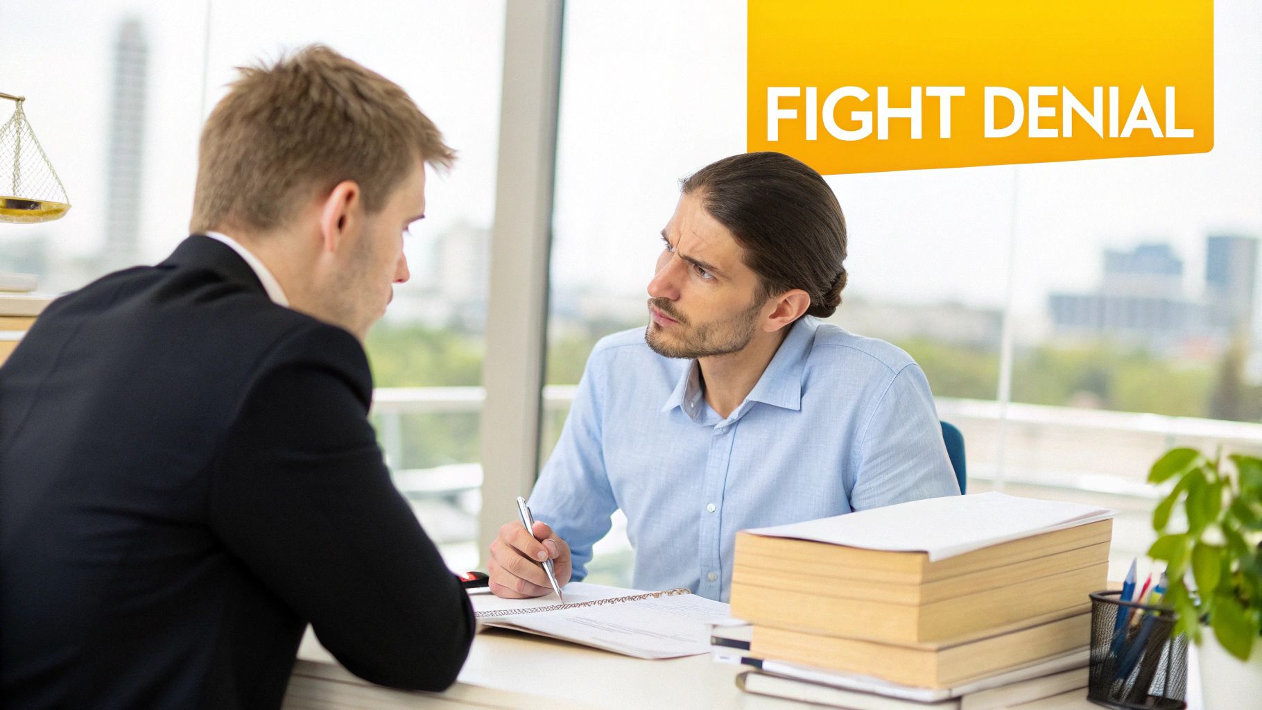 Two men, possibly a lawyer and client, having a serious discussion at an office desk, with legal books and scales of justice.