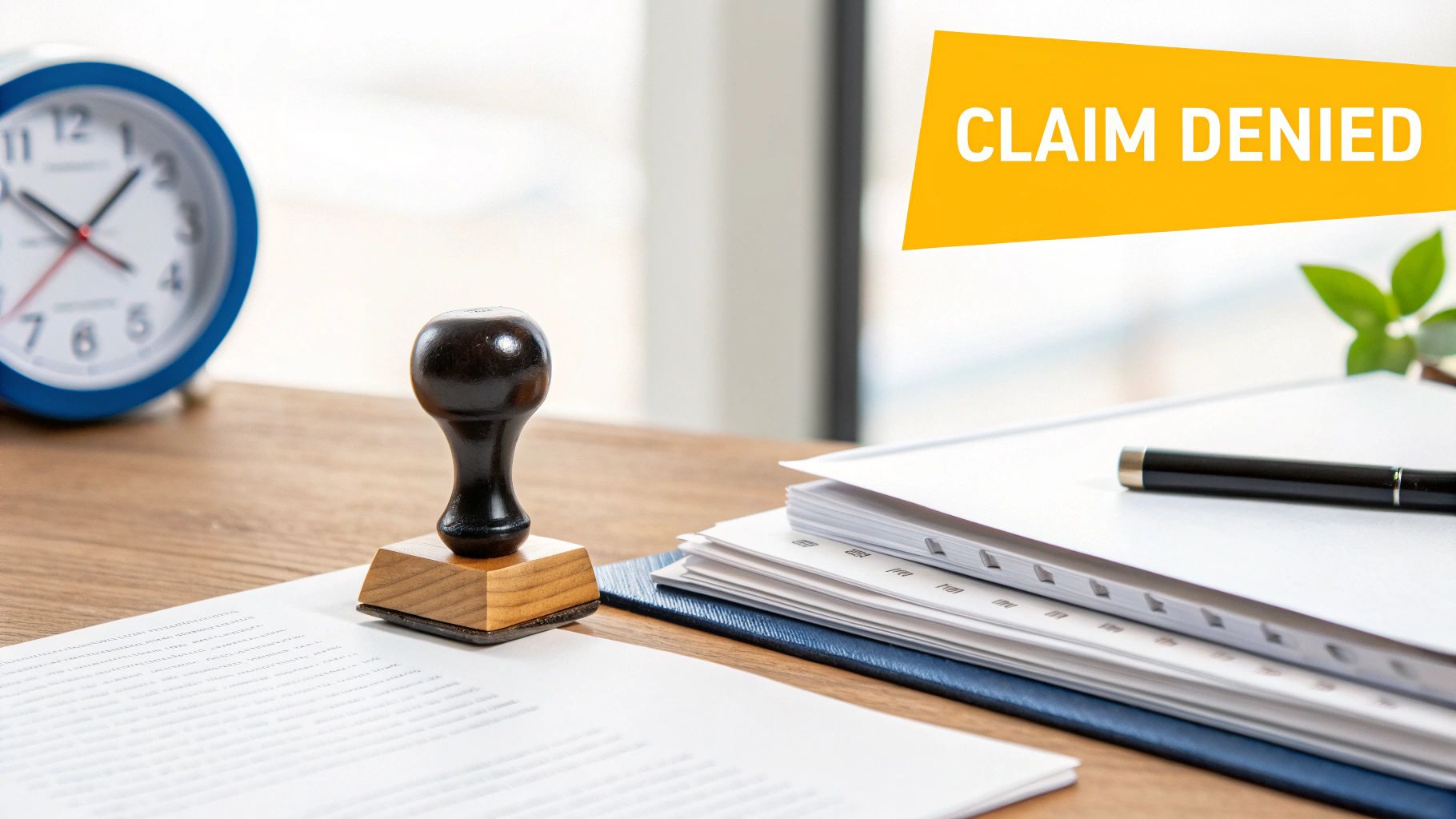 An office desk with a 'CLAIM DENIED' banner, documents, a stamp, and a clock.