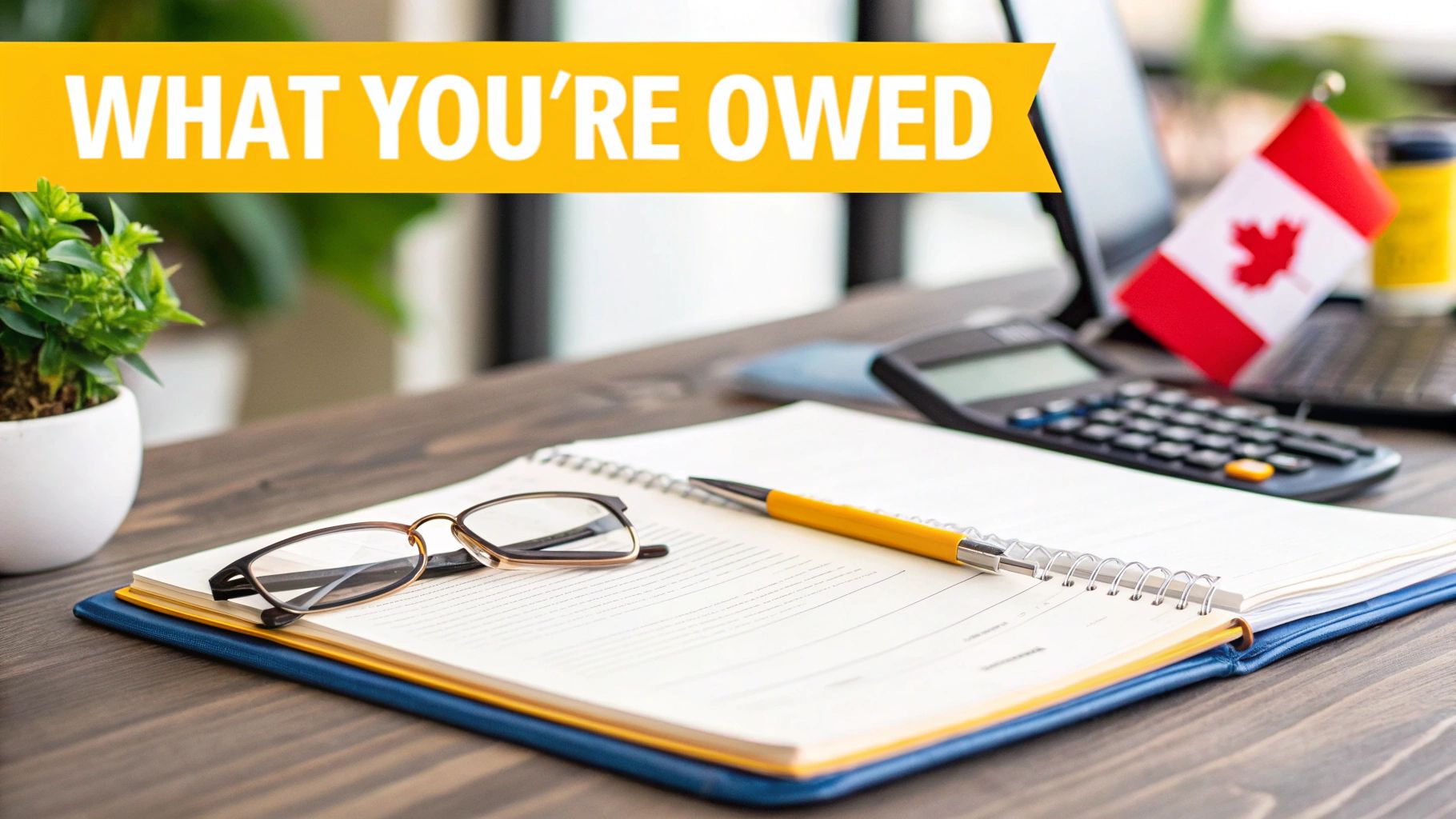 A desk with a notebook, pen, glasses, calculator, and Canadian flag. Banner reads 'WHAT YOU'RE OWED'.