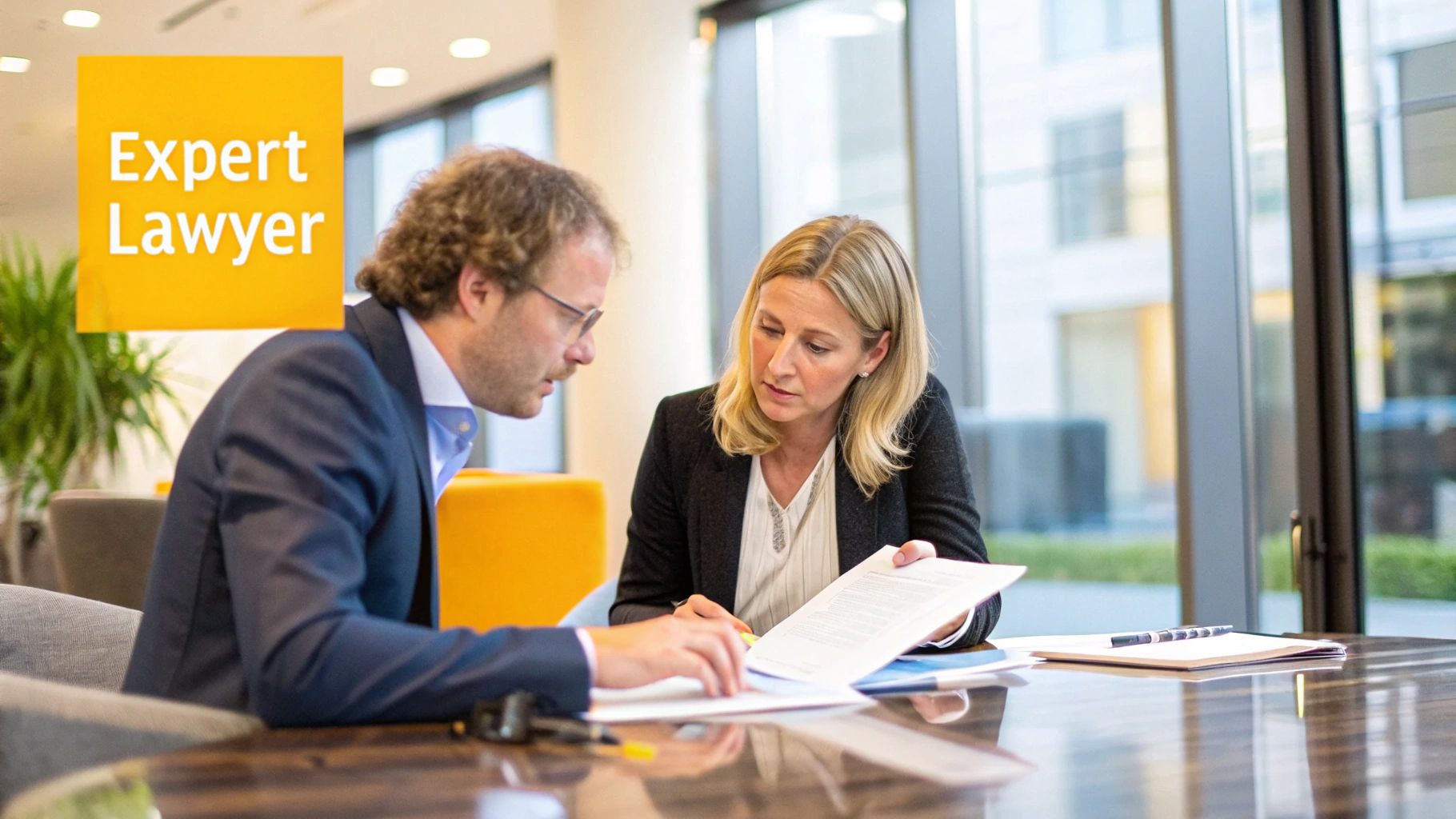 A lawyer reviewing legal documents in an office.