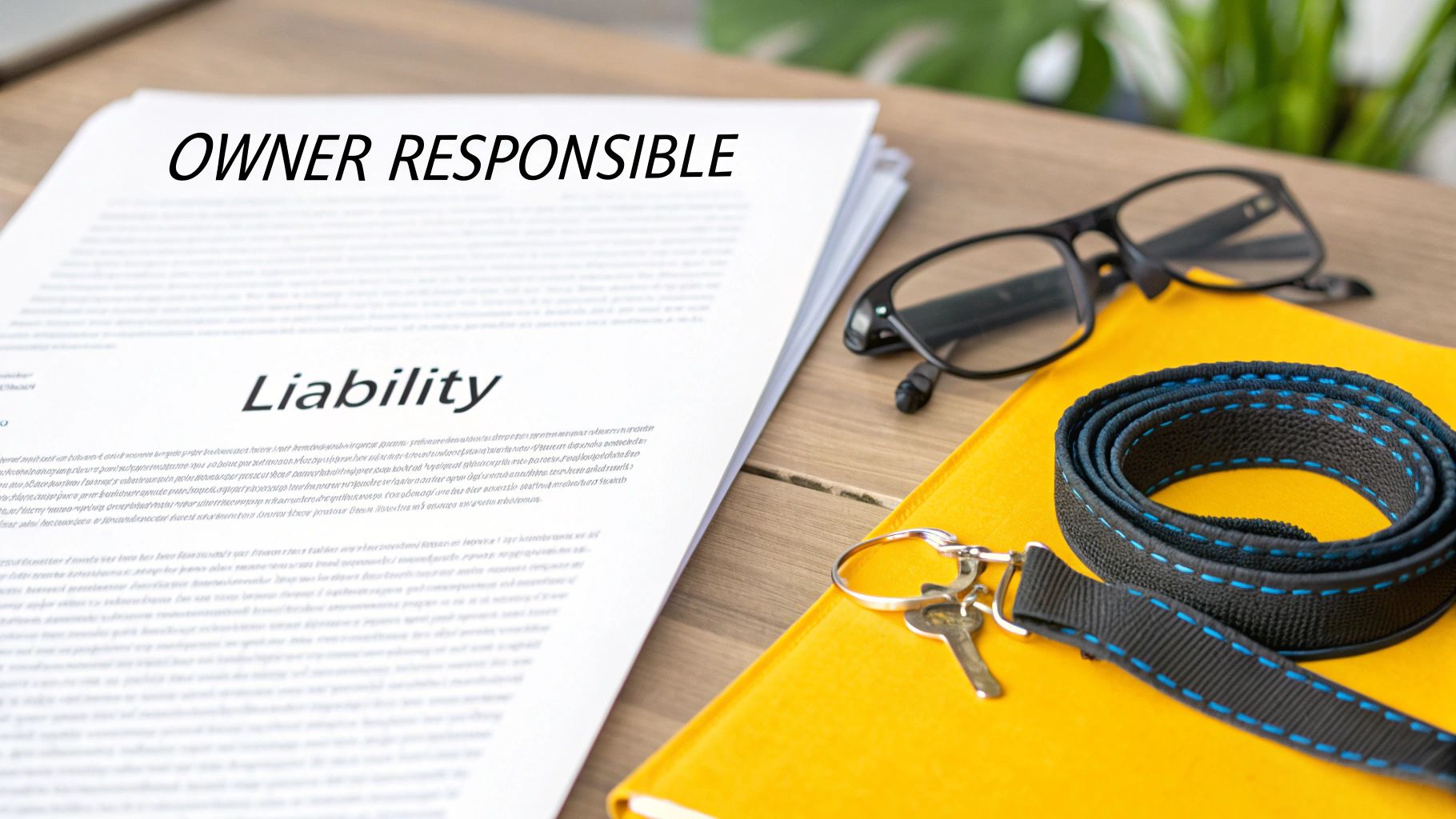 A document titled 'OWNER RESPONSIBLE' and 'Liability' with glasses, a dog leash, and keys.