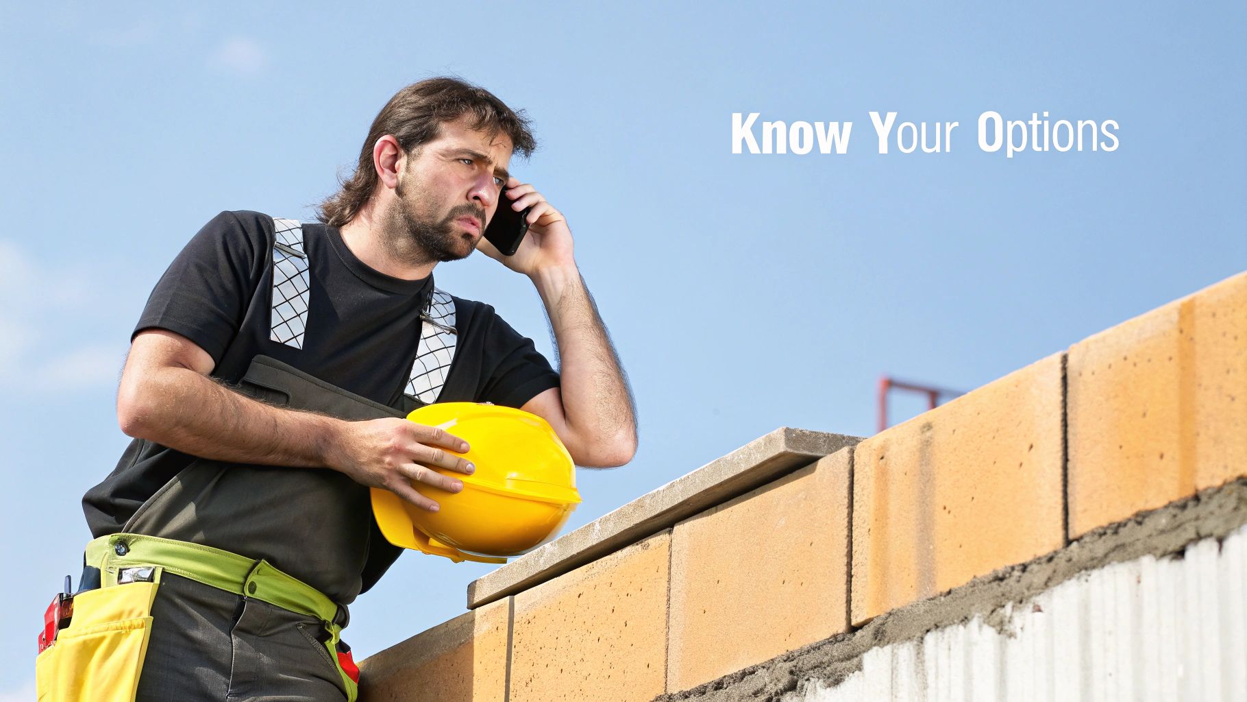 A construction worker on a phone call, holding a yellow hard hat, near a brick wall, with 'Know Your Options' text.