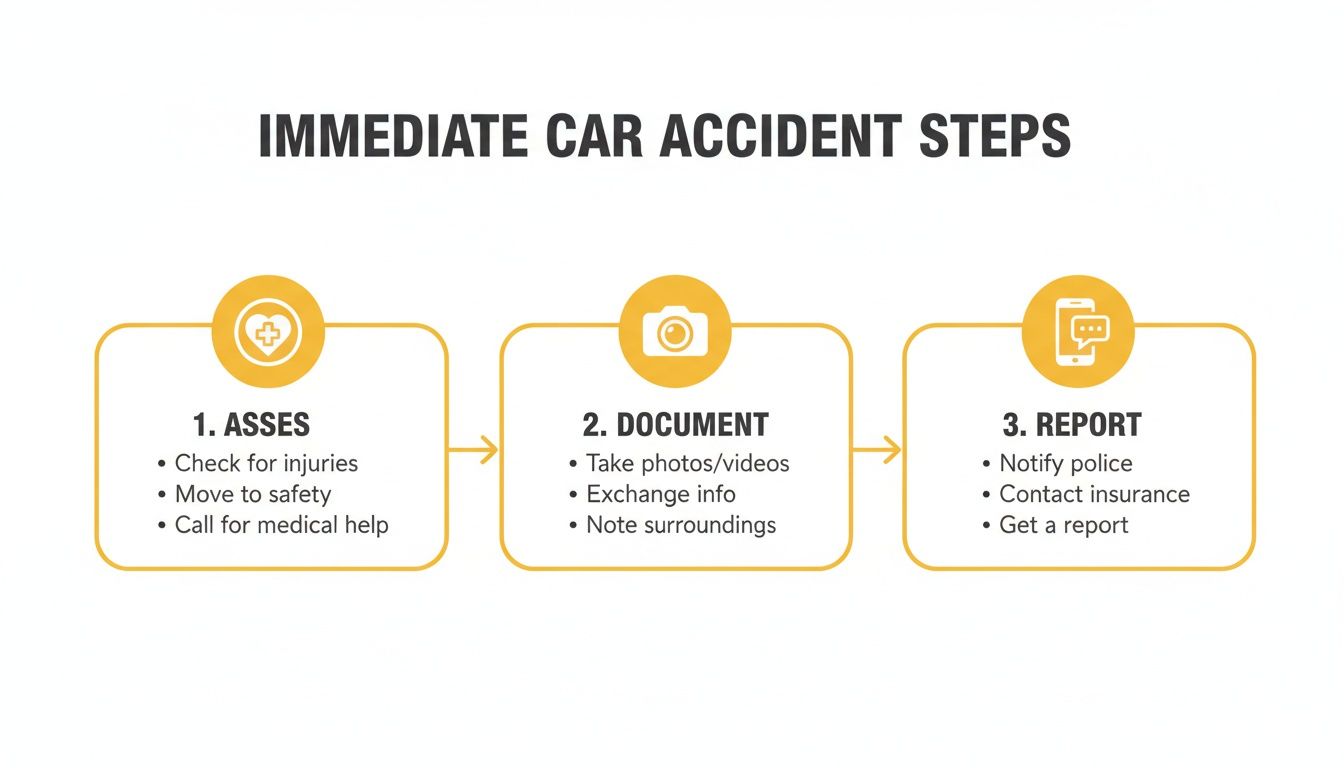 Infographic detailing three immediate car accident steps: assess, document, and report, with key actions for each.