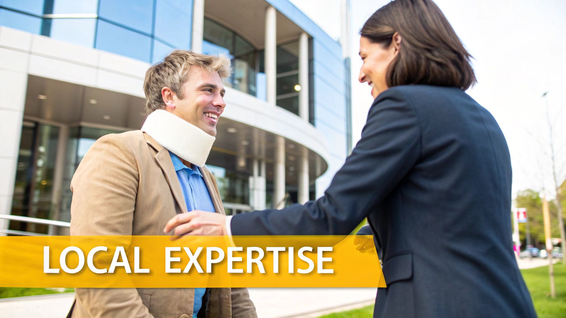 Smiling man with a neck brace shakes hands with a personal injury lawyer outdoors.