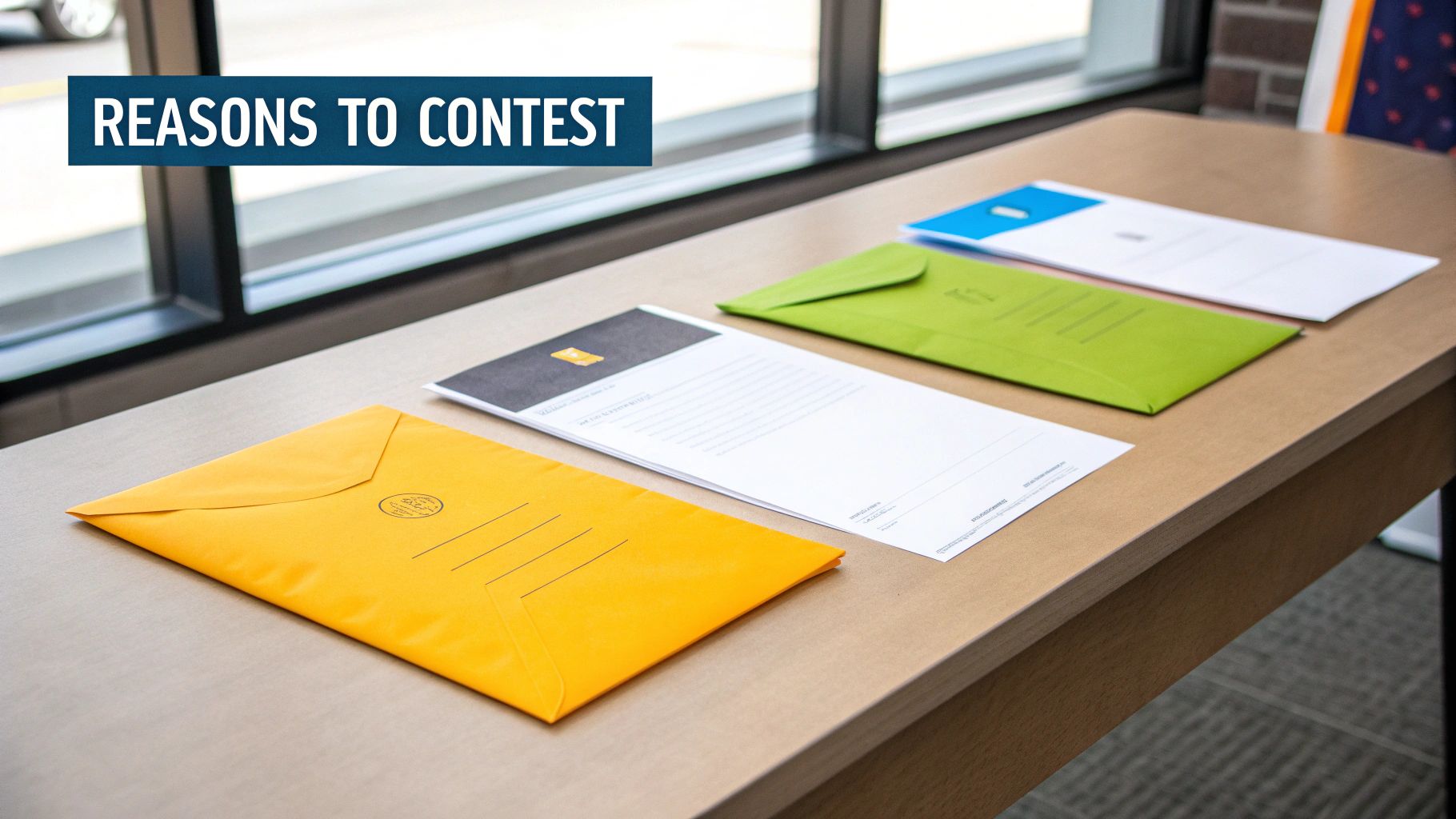 Desk with multiple legal documents and colorful envelopes, featuring a 'Reasons to Contest' banner.