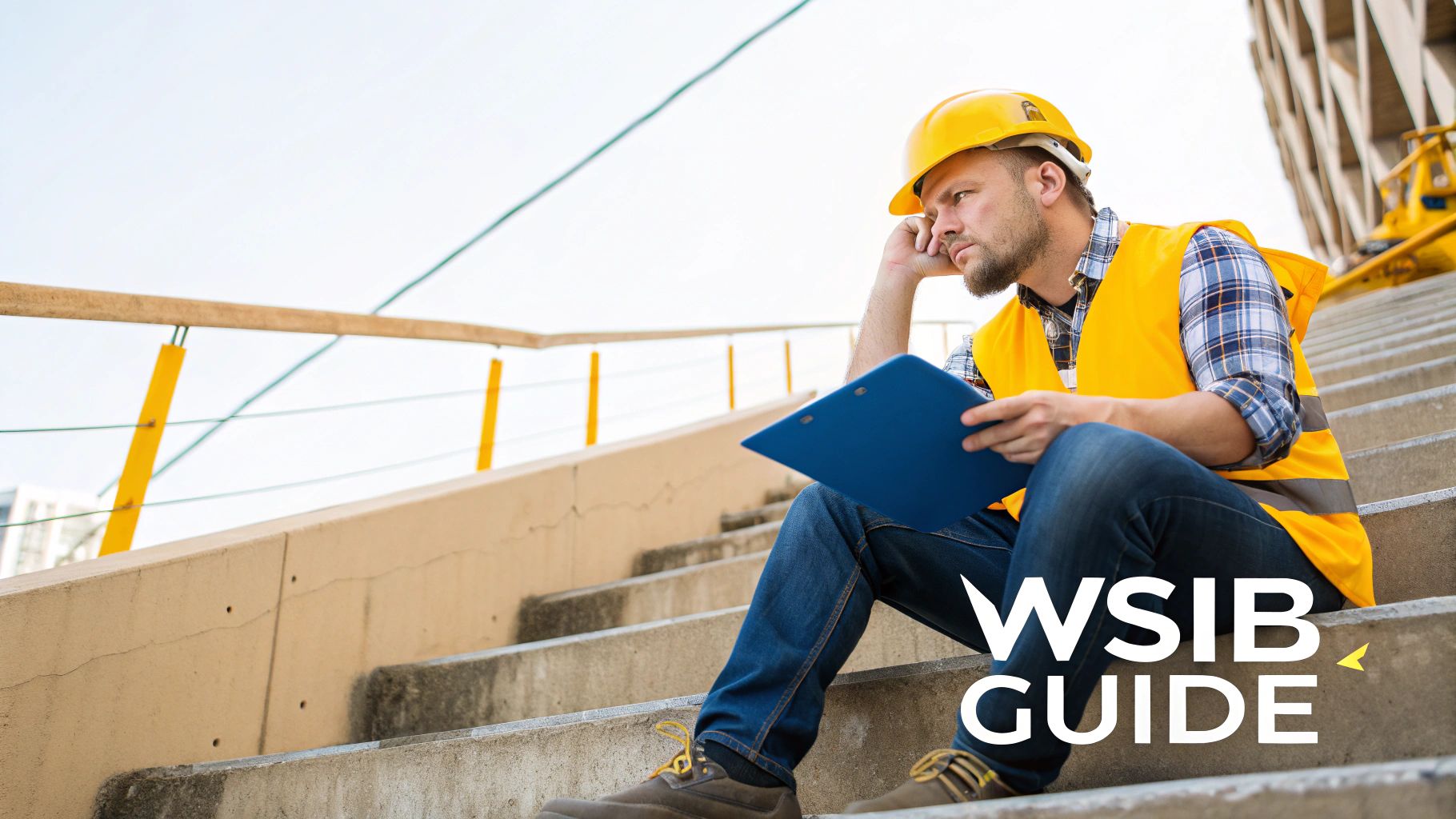 A male construction worker in a yellow hard hat and vest sits thoughtfully on concrete stairs with a clipboard, "WSIB GUIDE".