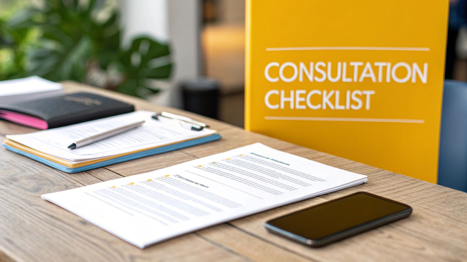 A person sitting at a desk, organizing documents and taking notes in preparation for a meeting.