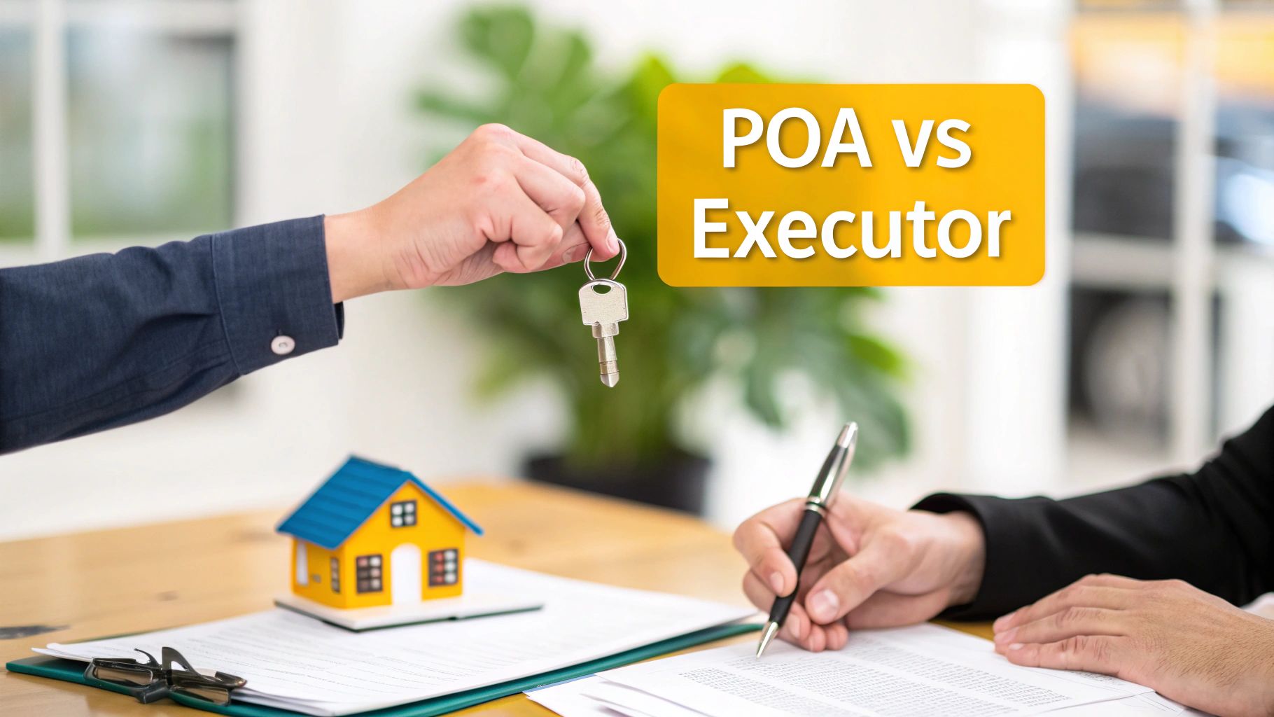 Hands exchanging a house key and signing documents, with a house model on the table, comparing POA vs Executor roles.