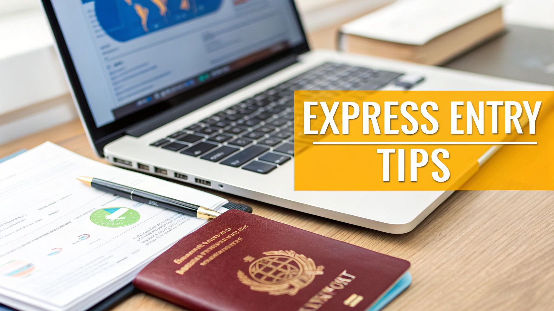 Close-up of a desk with a laptop, documents, pen, and a passport, featuring 'Express Entry Tips' text.