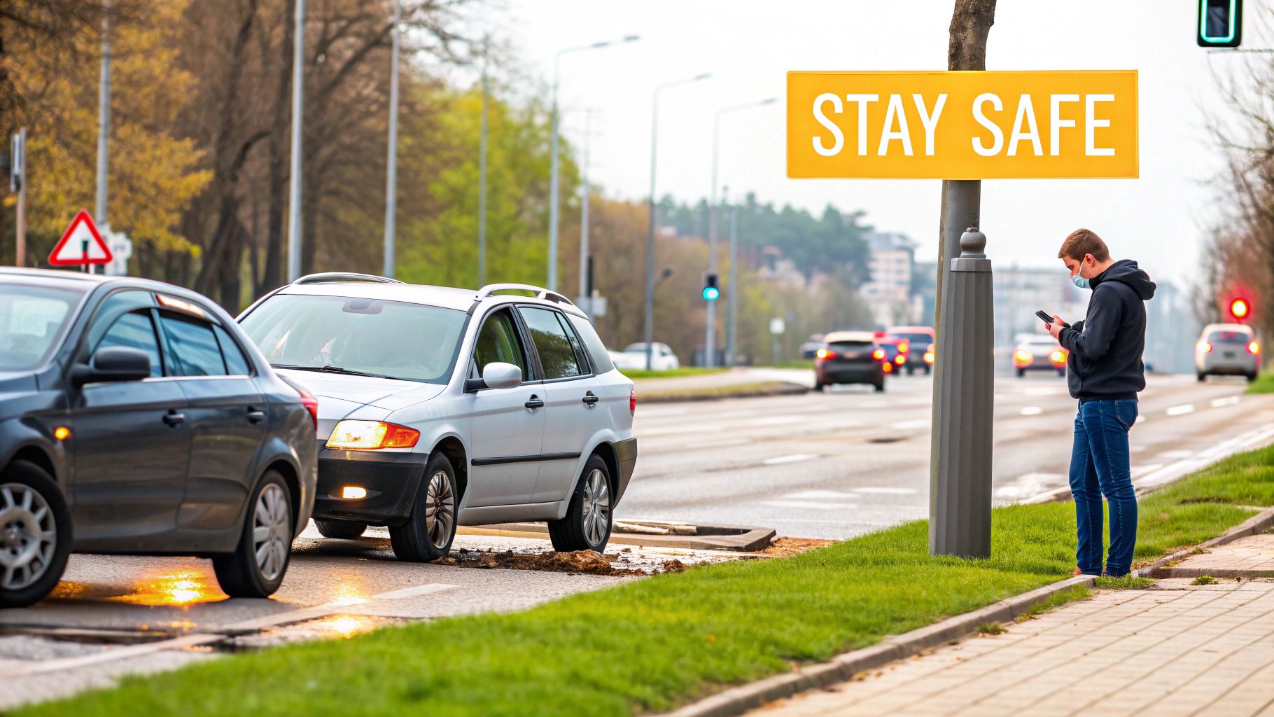 Two cars after a minor road incident on a city street, with a masked man looking at his phone.