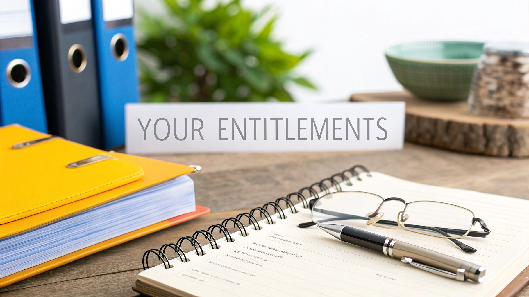 A wooden desk with files, folders, a notebook, pen, and glasses, displaying 'YOUR ENTITLEMENTS' sign.