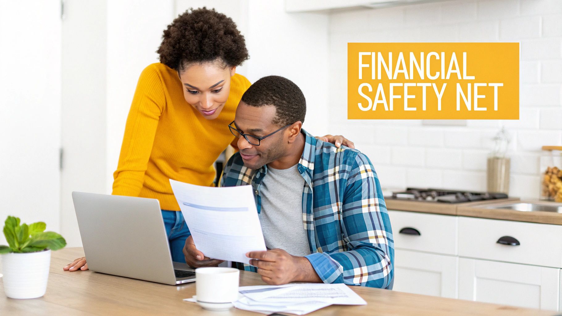 Couple reviews financial documents and laptop in kitchen, planning their financial safety net.