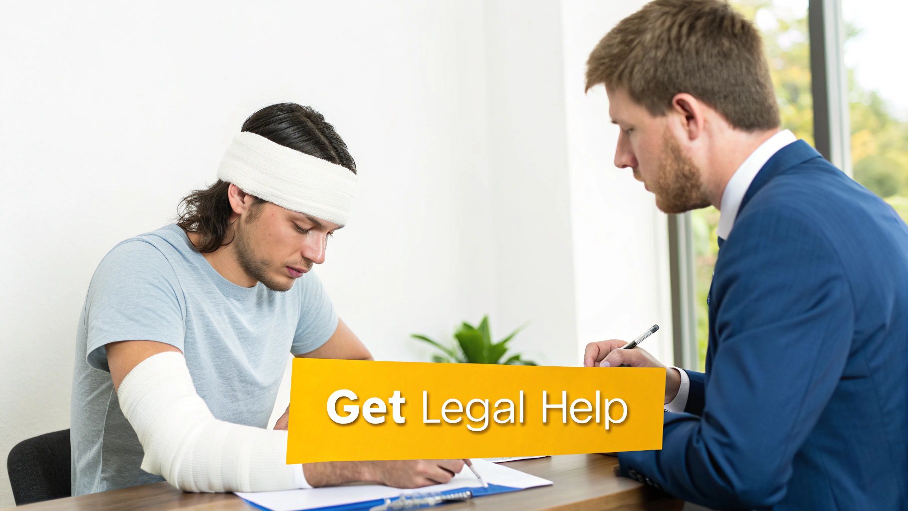 A man with a head bandage and arm cast signs papers while consulting with a lawyer.