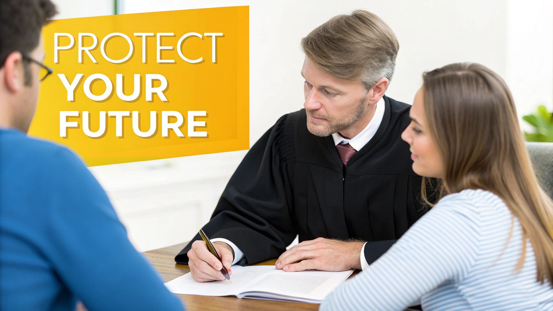 A judge or lawyer in a robe signs legal documents for a couple, with text 'PROTECT YOUR FUTURE' overlay.