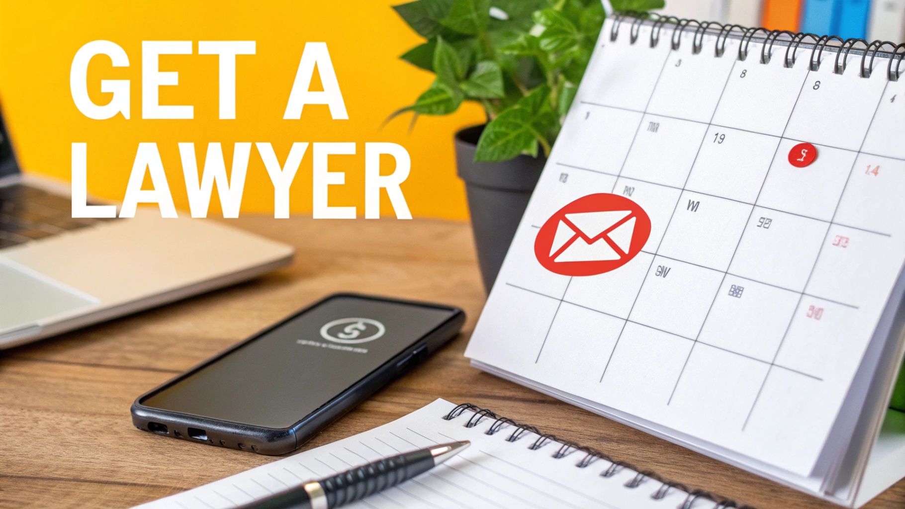 Desk with a calendar marked for an important date, a smartphone, and "GET A LAWYER" text.