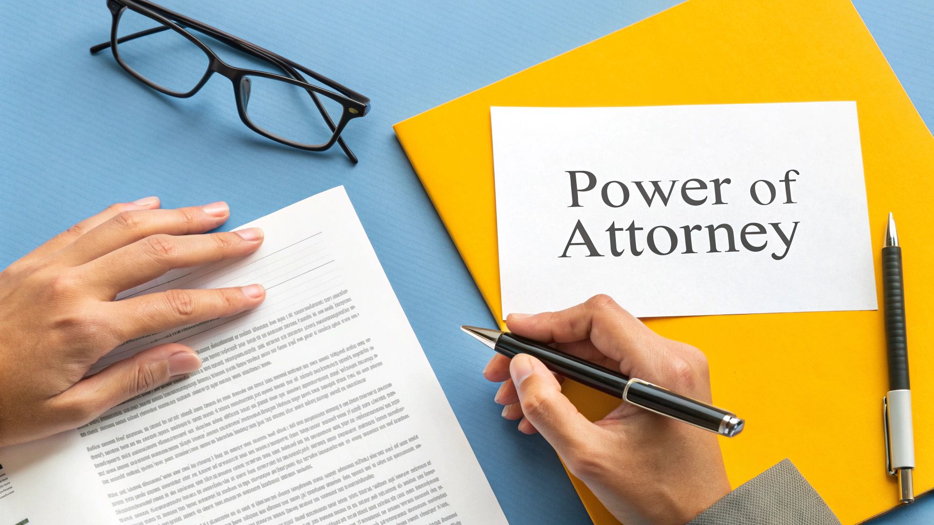 Hands are poised to sign a 'Power of Attorney' document, surrounded by legal papers and glasses.