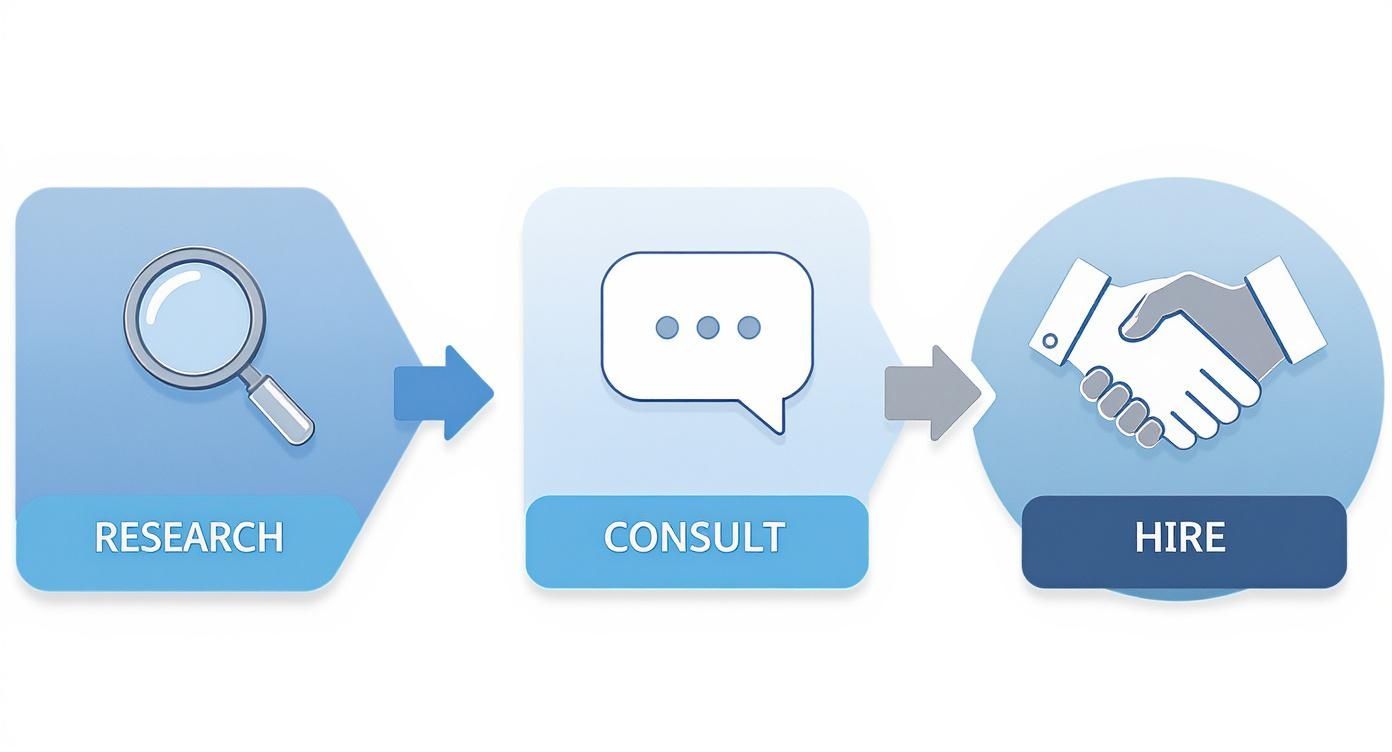 A three-step process diagram: Research (magnifying glass), Consult (chat bubble), and Hire (handshake).