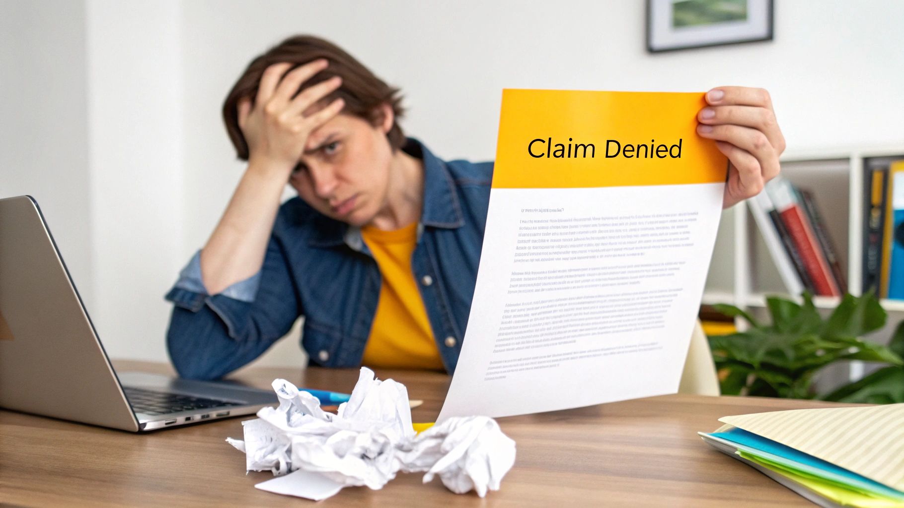 A person looking thoughtfully at a document in an office setting