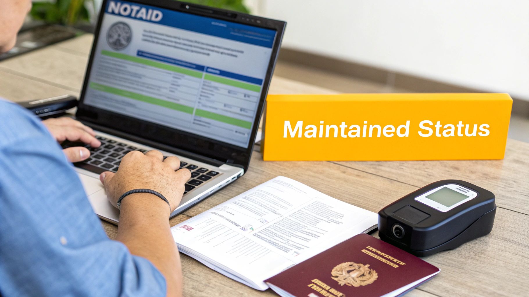 A person types on a laptop displaying 'NOTAID' next to a 'Maintained Status' sign, passport, and documents.
